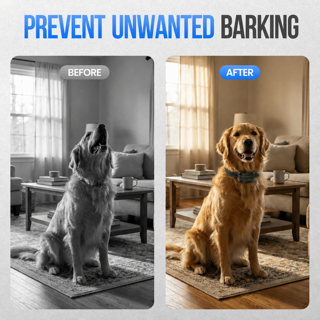 Vergleich eines bellenden Hundes ohne Halsband und eines ruhigen Hundes mit Trainingshalsband in einem Wohnzimmer.