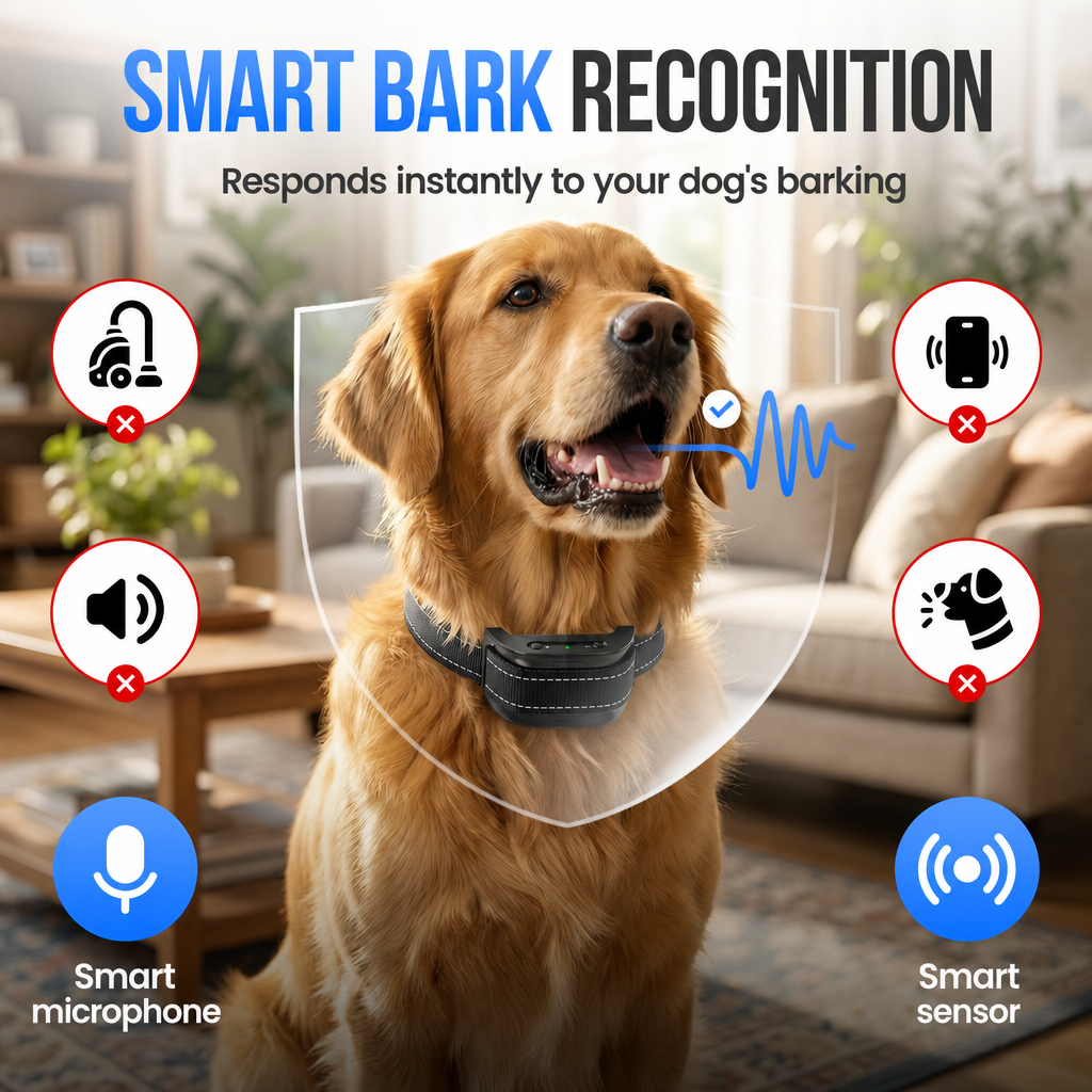 Golden Retriever trägt ein intelligentes Bellen-Halsband drinnen, umgeben von Produkt-Icons.