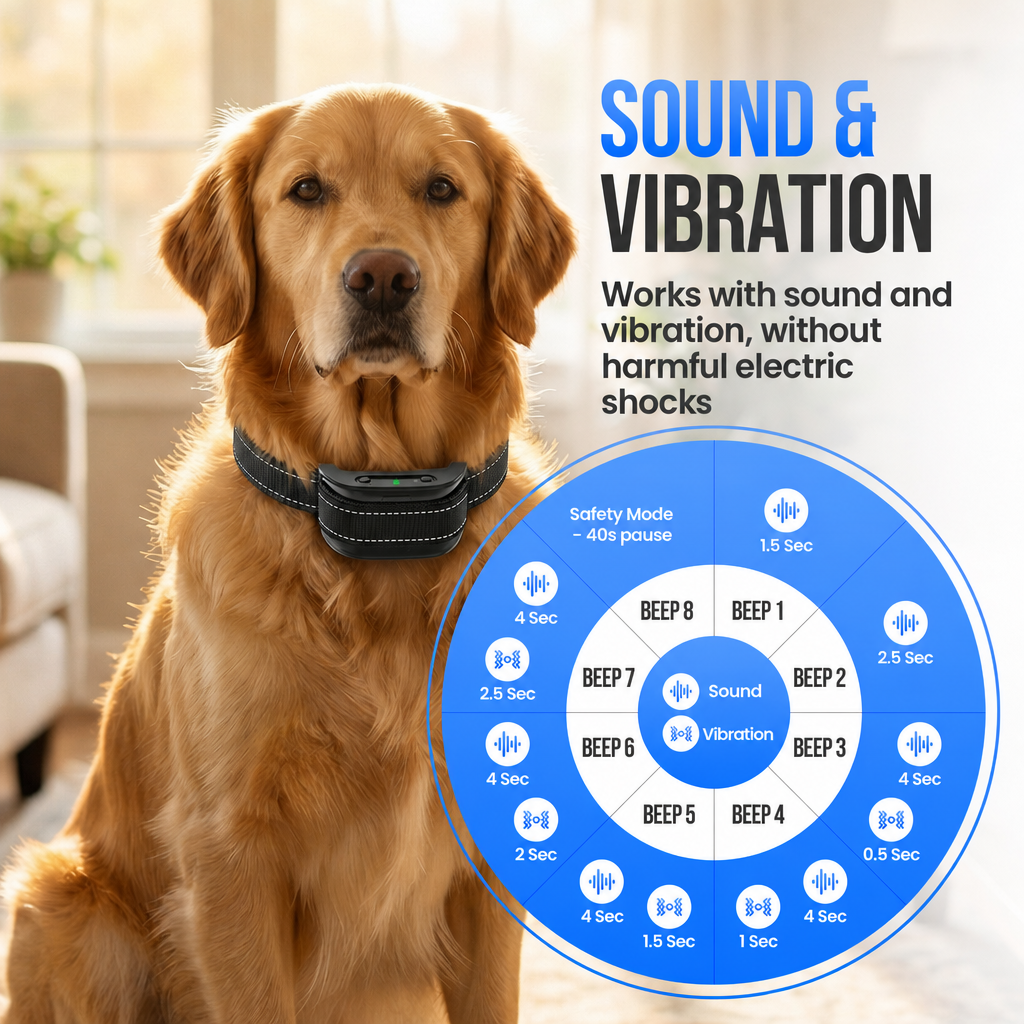 Golden Retriever trägt ein schwarzes Halsband; daneben Text und ein blaues Diagramm mit Klängen.