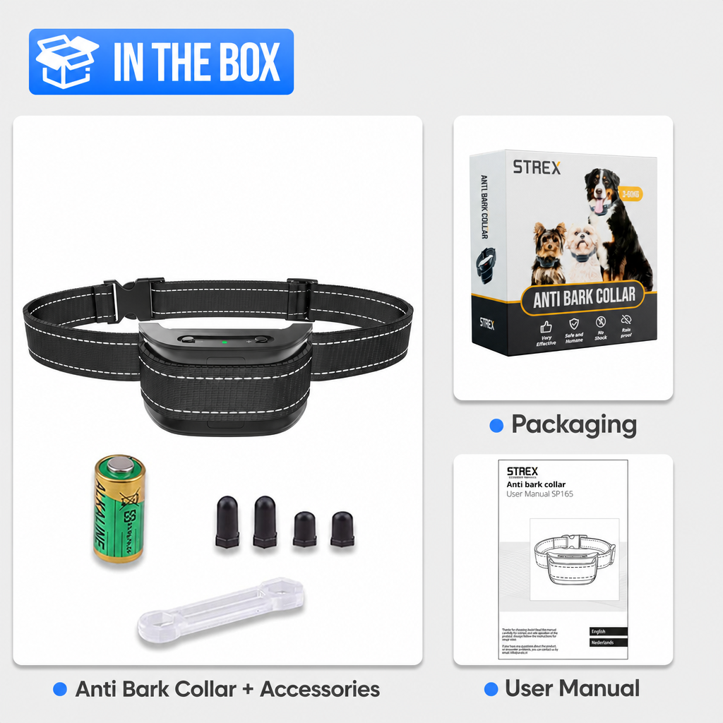 Anti-Bellen-Halsband mit Zubehör, Batterie, Verpackung und Anleitung auf grauem Hintergrund.