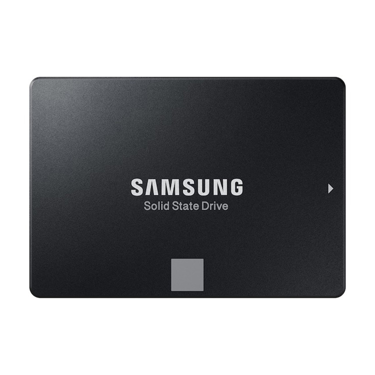 Eine schwarze Samsung Solid State Drive vor einem schlichten weißen Hintergrund.
