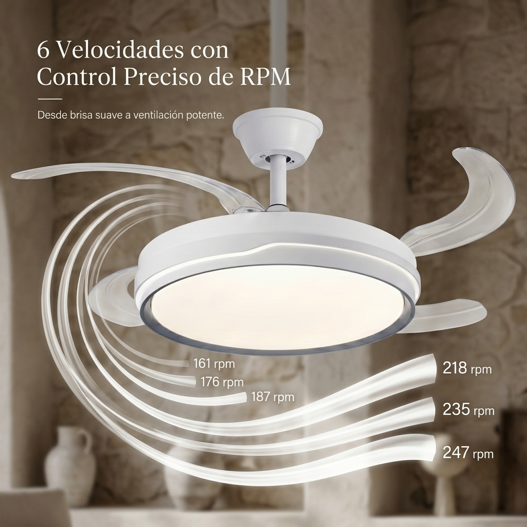 Ventilador de techo blanco con luz y aspas transparentes, con texto sobre 6 velocidades y RPM.