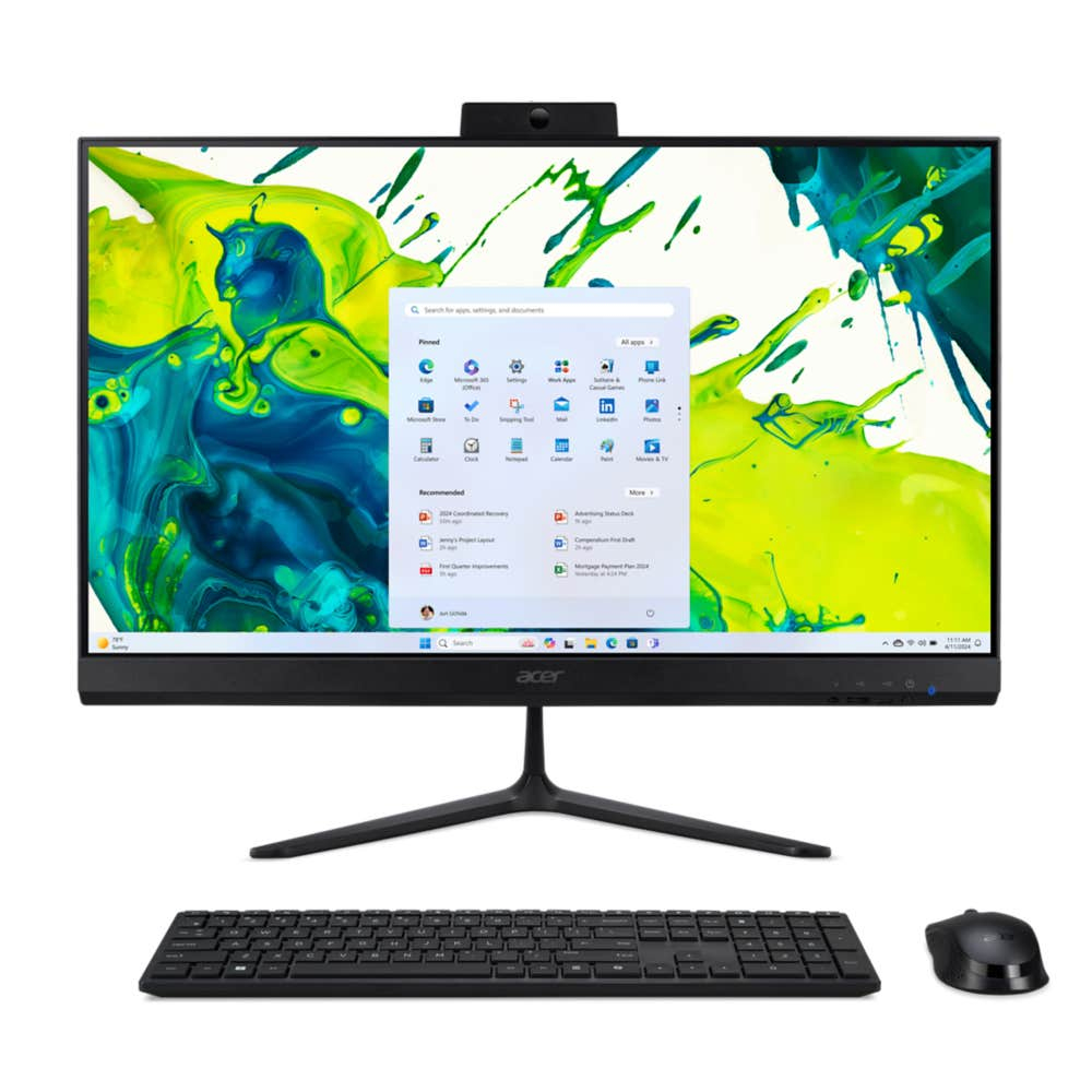 Un computer all-in-one con schermo verde e blu, supporto nero, tastiera wireless e mouse su sfondo bianco.