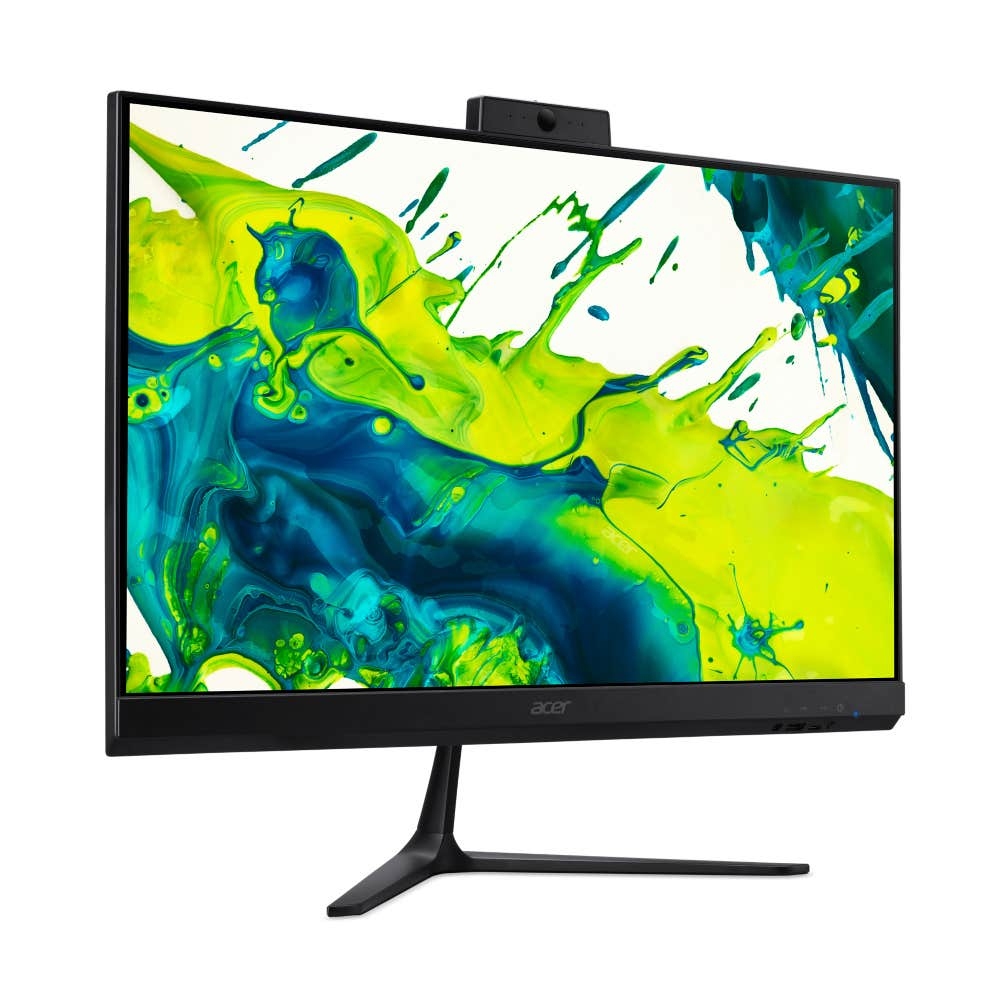 Un monitor nero Acer con uno sfondo astratto verde e blu su sfondo bianco.
