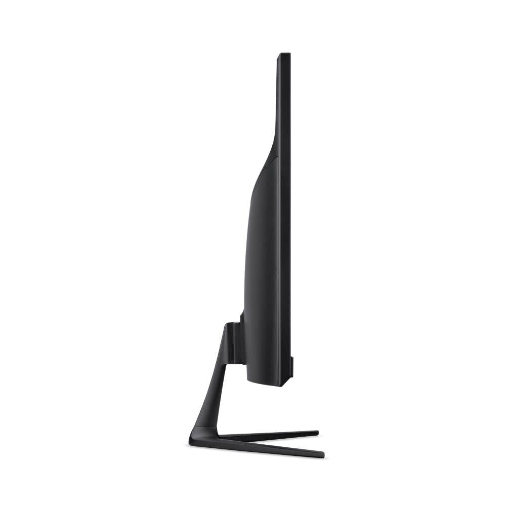 Vista laterale di un moderno monitor nero per computer con supporto sottile su sfondo bianco.