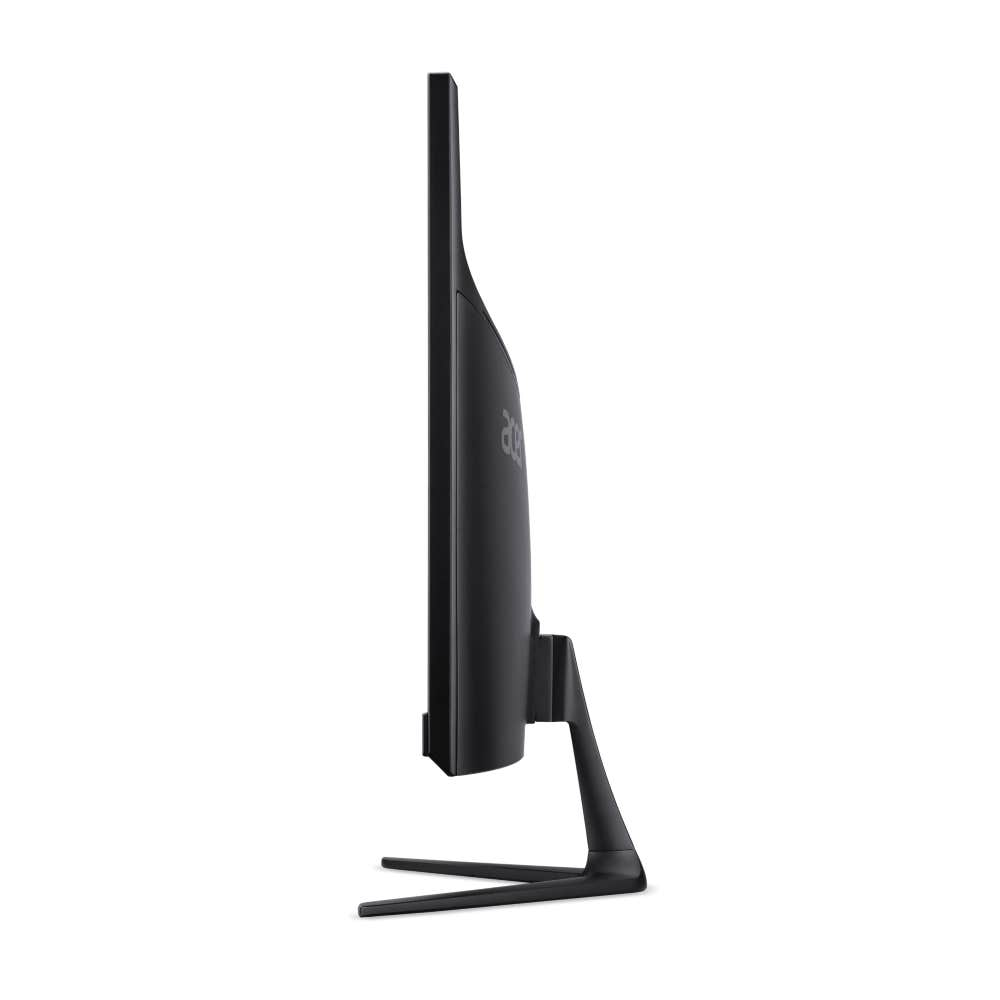 Vista laterale di un sottile monitor per computer nero su un supporto elegante.