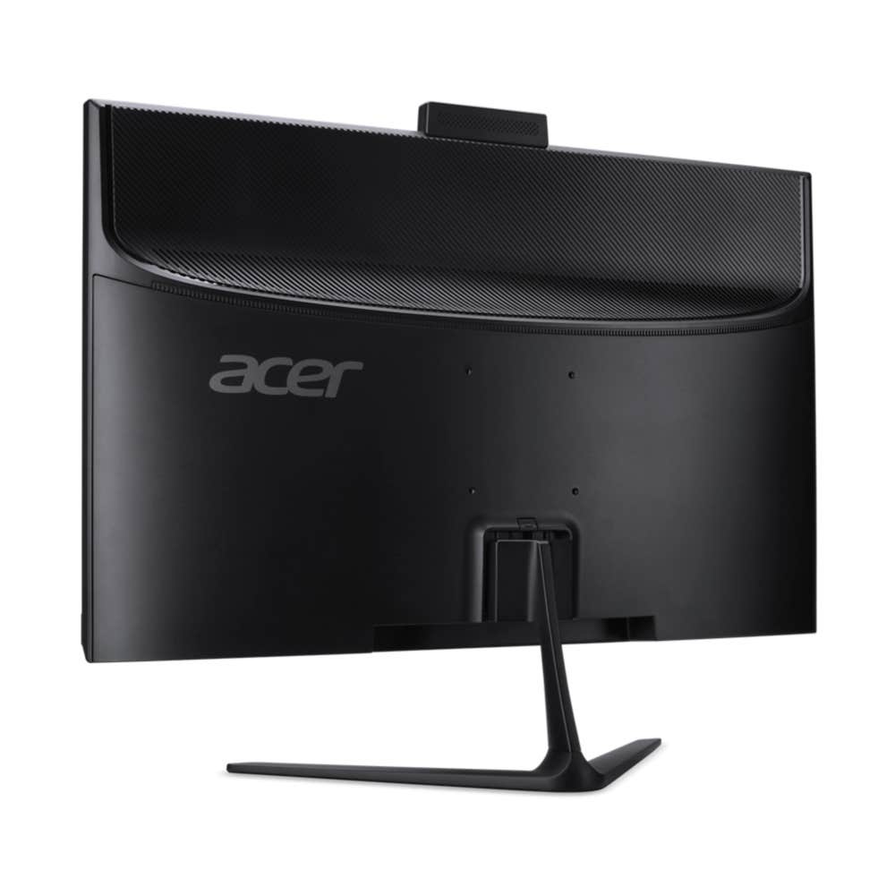 Vista posteriore di un monitor Acer nero con supporto curvo su sfondo bianco.