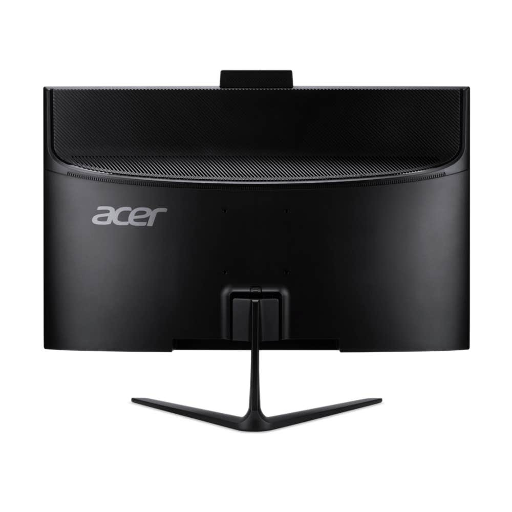 Il retro di un monitor Acer nero con supporto su uno sfondo bianco.