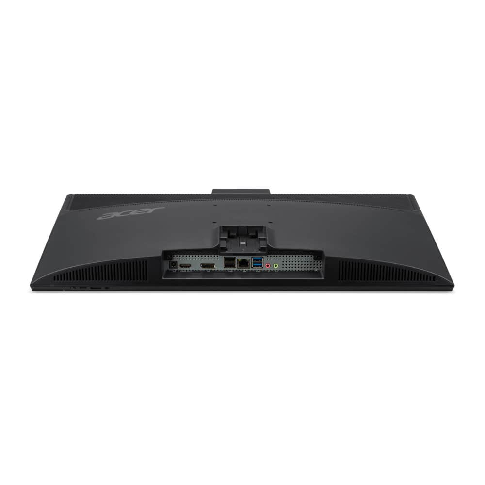 Vista posteriore di un monitor Acer nero con griglie di ventilazione, attacco per supporto e varie porte.