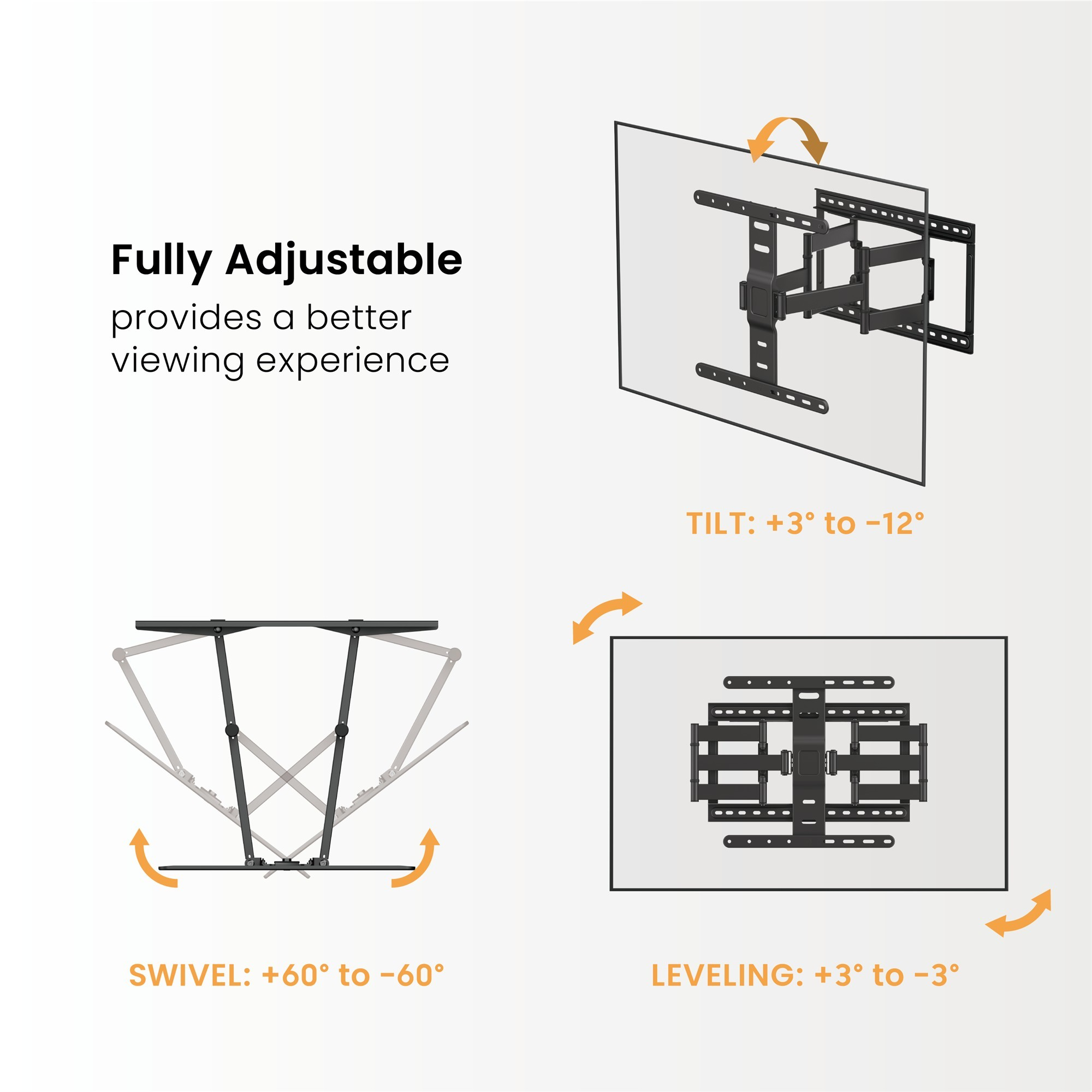 Diagramm zeigt voll verstellbare TV-Halterung mit Tilt, Swivel und Leveling Funktionen.