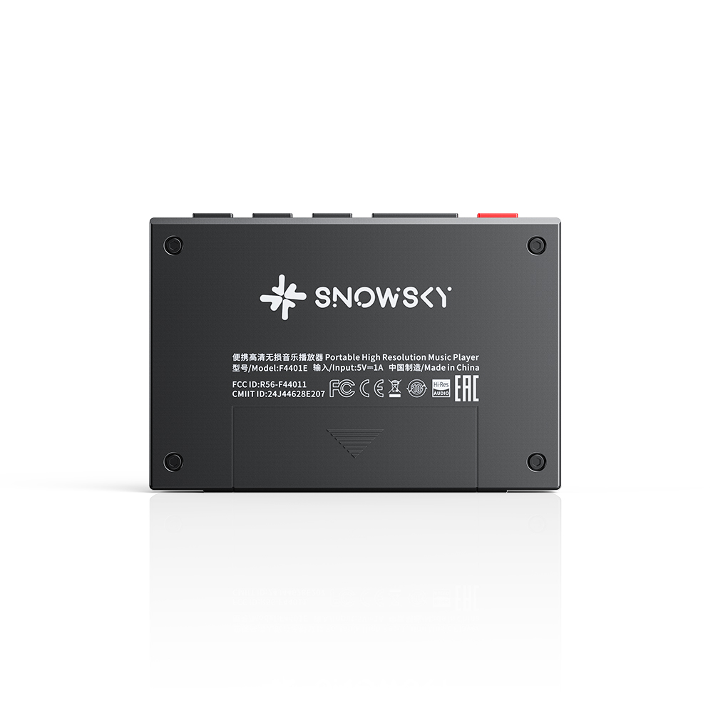 Parte trasera de un reproductor de música portátil negro Snowsky de alta resolución con texto y logotipos.