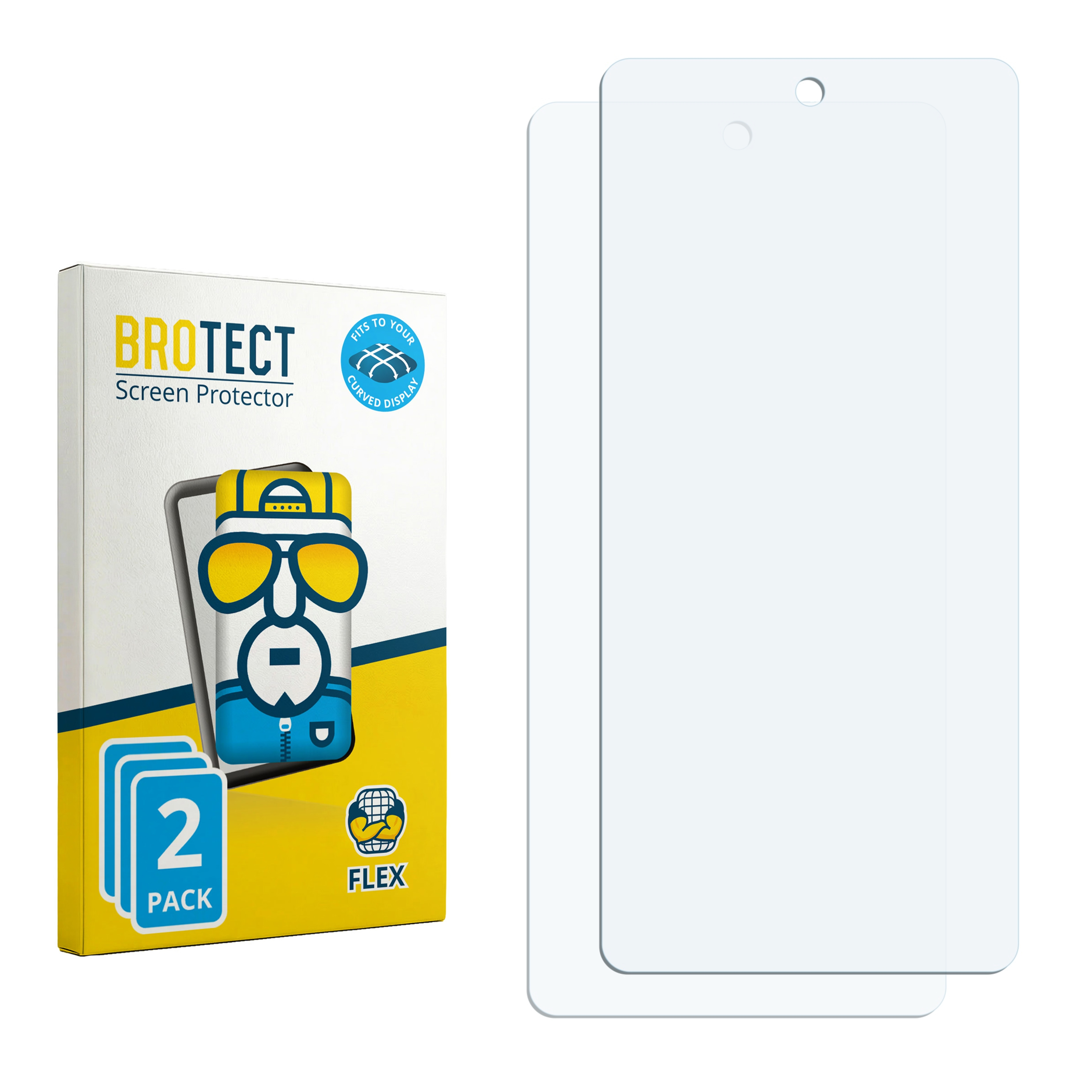 BROTECT 2er-Pack Flex-Displayschutzverpackung neben zwei transparenten Schutzfolien vor weißem Hintergrund.
