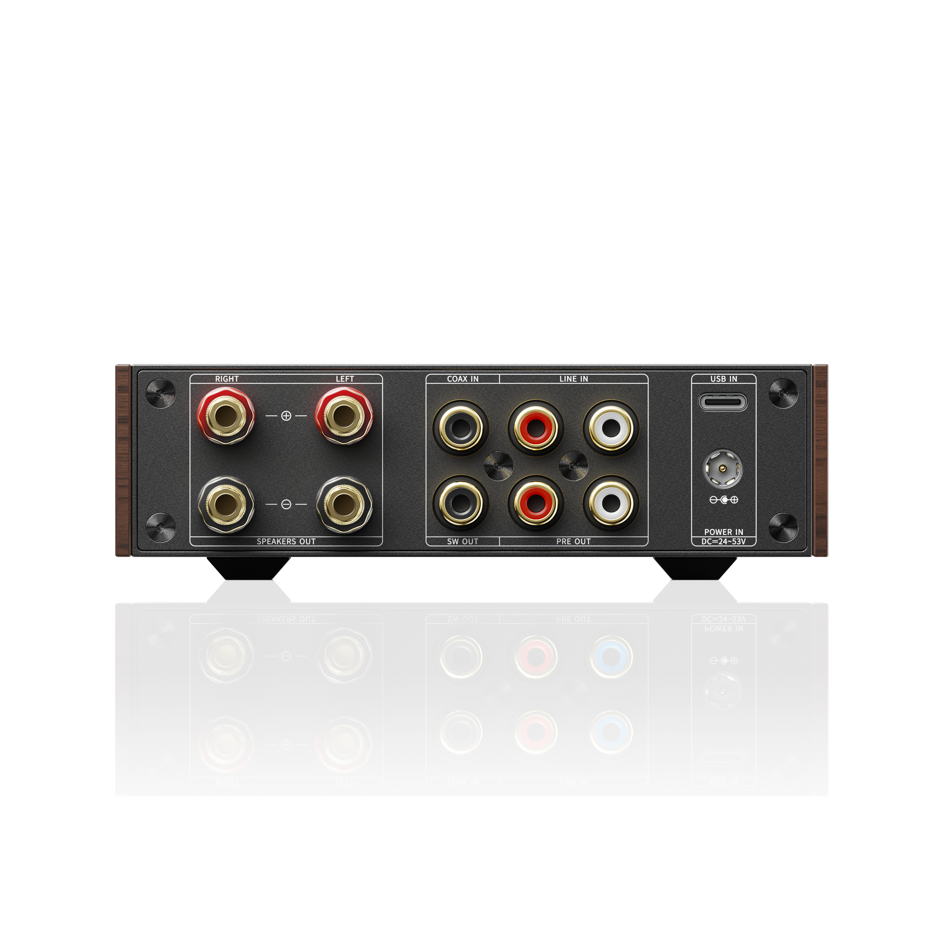 Panel trasero de un amplificador de audio con terminales, entradas, puerto USB y conector.