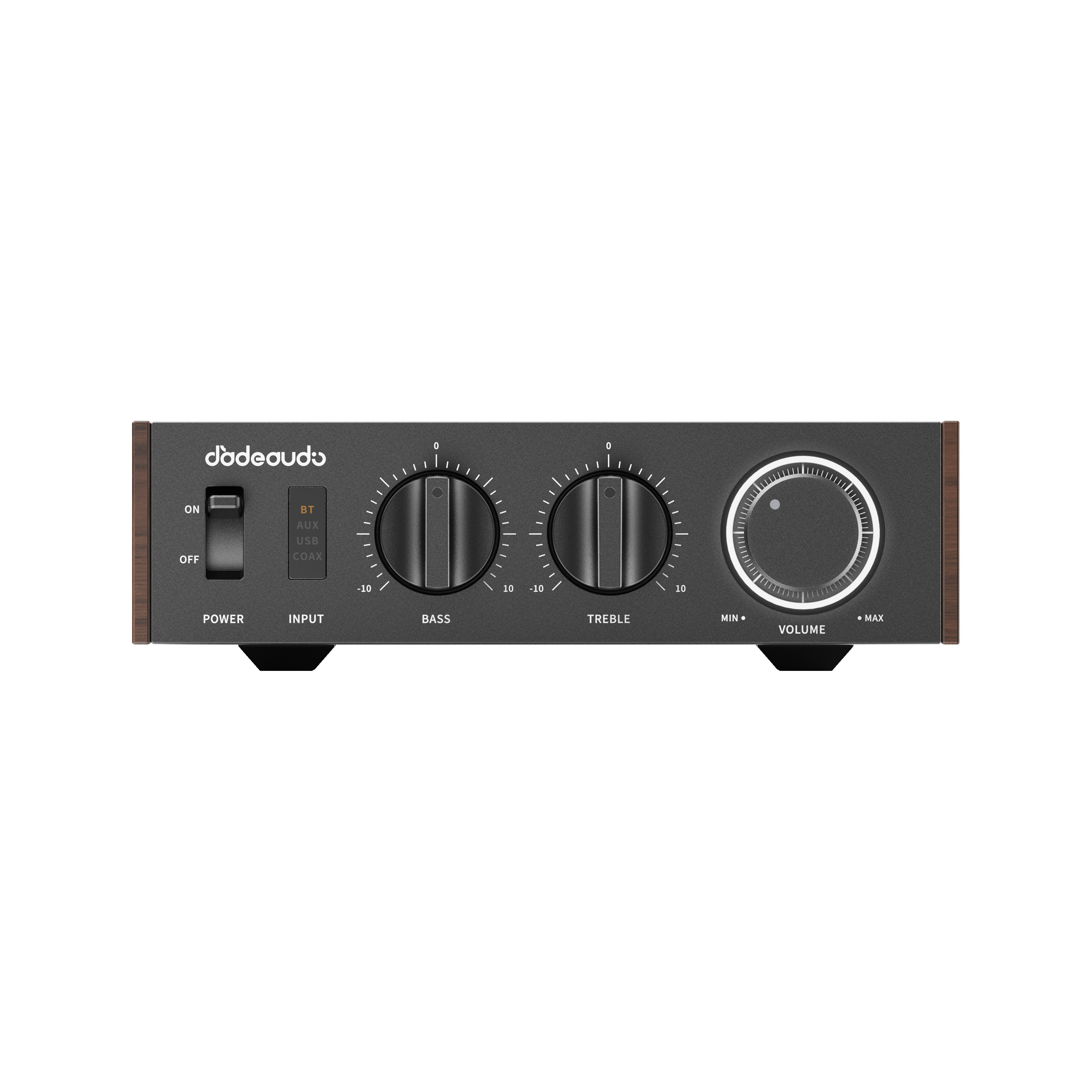 Panel de control de amplificador de audio con interruptor, selector de entrada, graves, agudos y volumen.