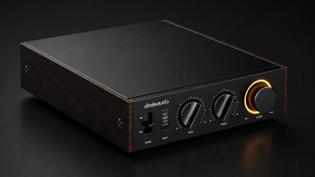 Amplificador de audio negro con laterales de madera, mandos y un control de volumen naranja brillante.