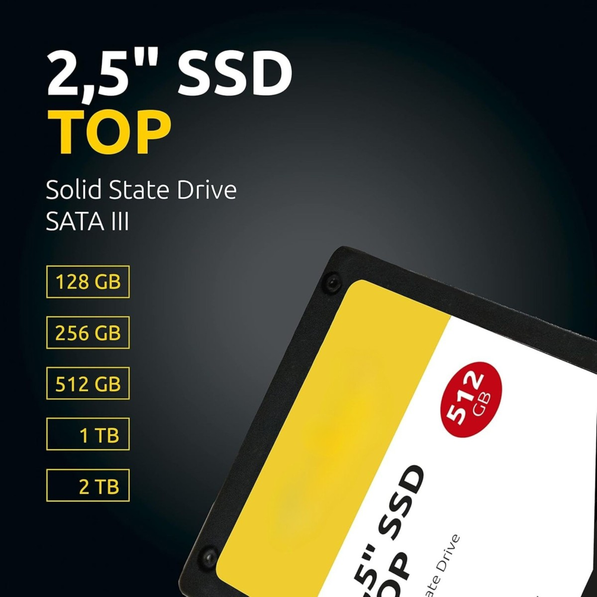 128 GB ila 2 TB arası depolama seçenekleri ve sarı kasaya sahip 2,5 inç SATA III SSD tanıtım görseli.
