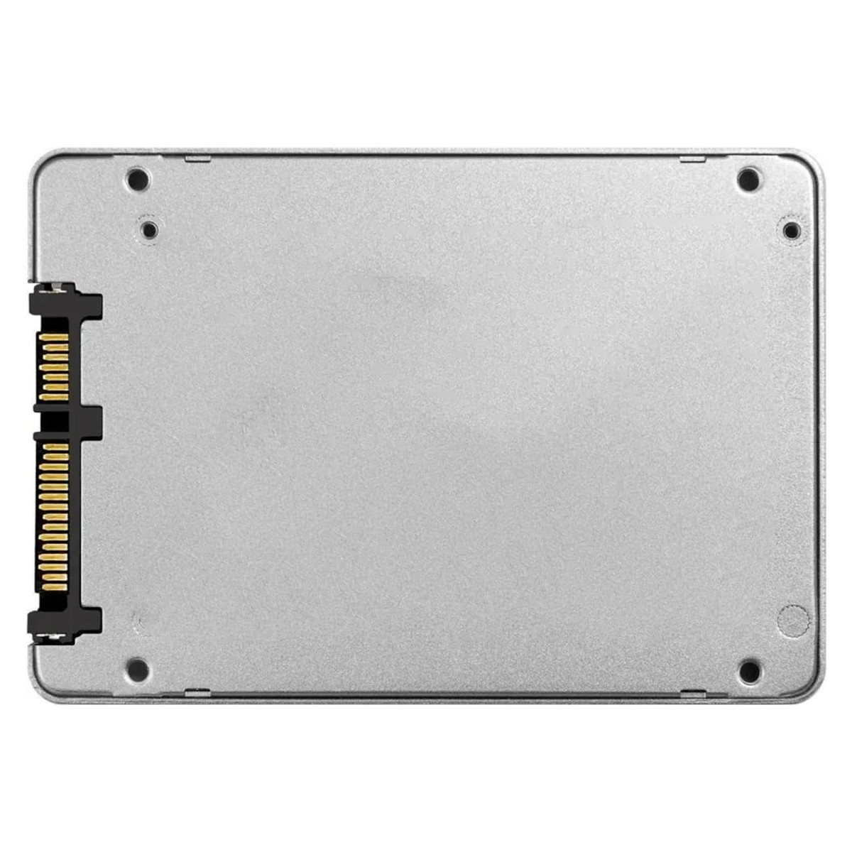 Eine silberne SSD-Festplatte mit SATA-Anschlüssen auf der linken Seite und Schraubenlöchern an den Ecken.