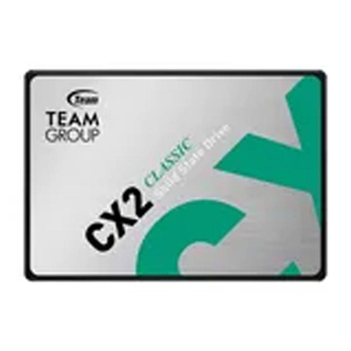 Team Group CX2 Classic Solid-State-Laufwerk mit silber-grünem Design und kräftiger schwarzer Typografie.