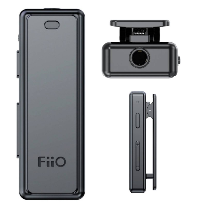 Trzy widoki czarnego odbiornika Bluetooth FiiO z klipsem na białym tle.