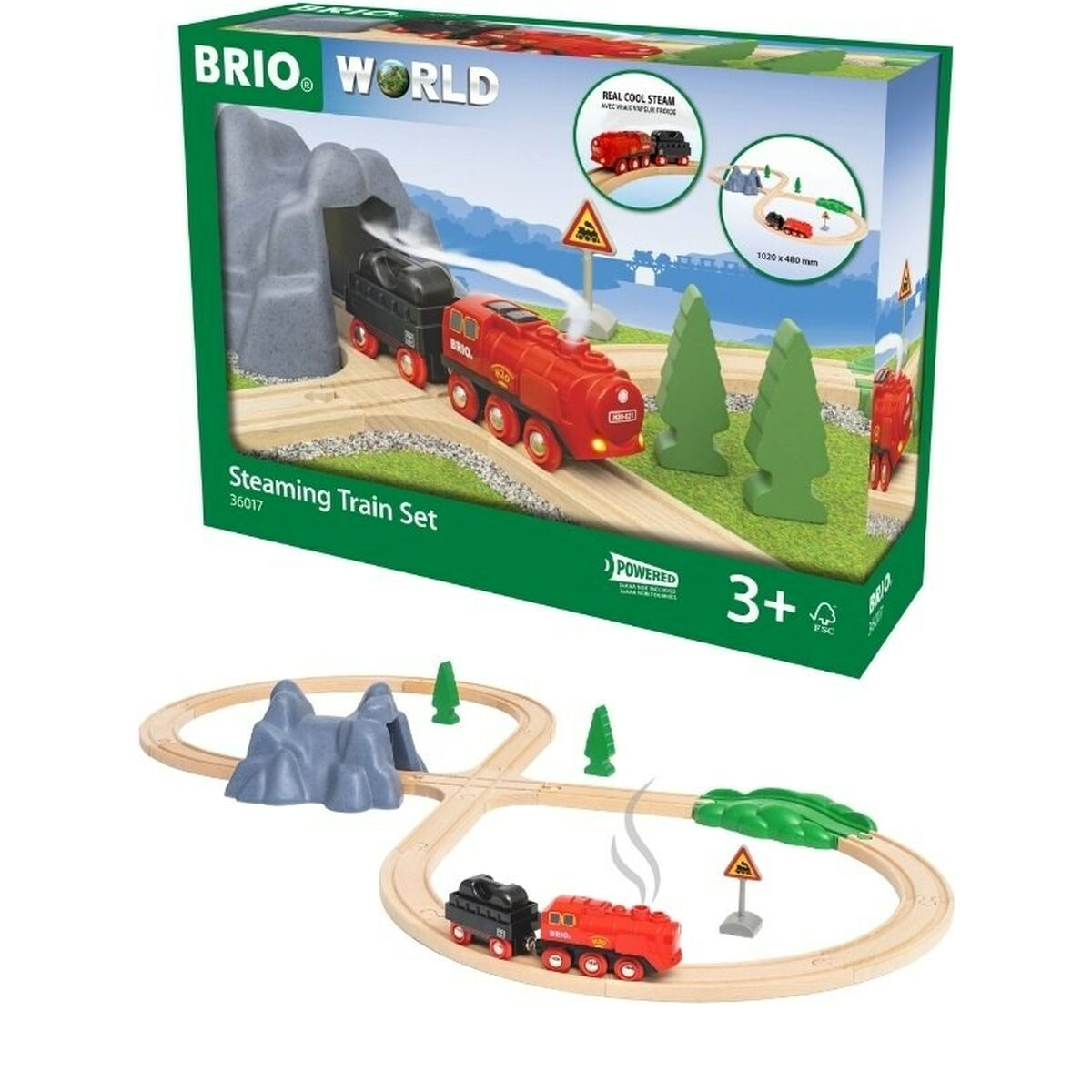Brio World Steaming Train Set mit Holzschienen, rotem Dampfzug, Tunnel, Bäumen und Schildern.