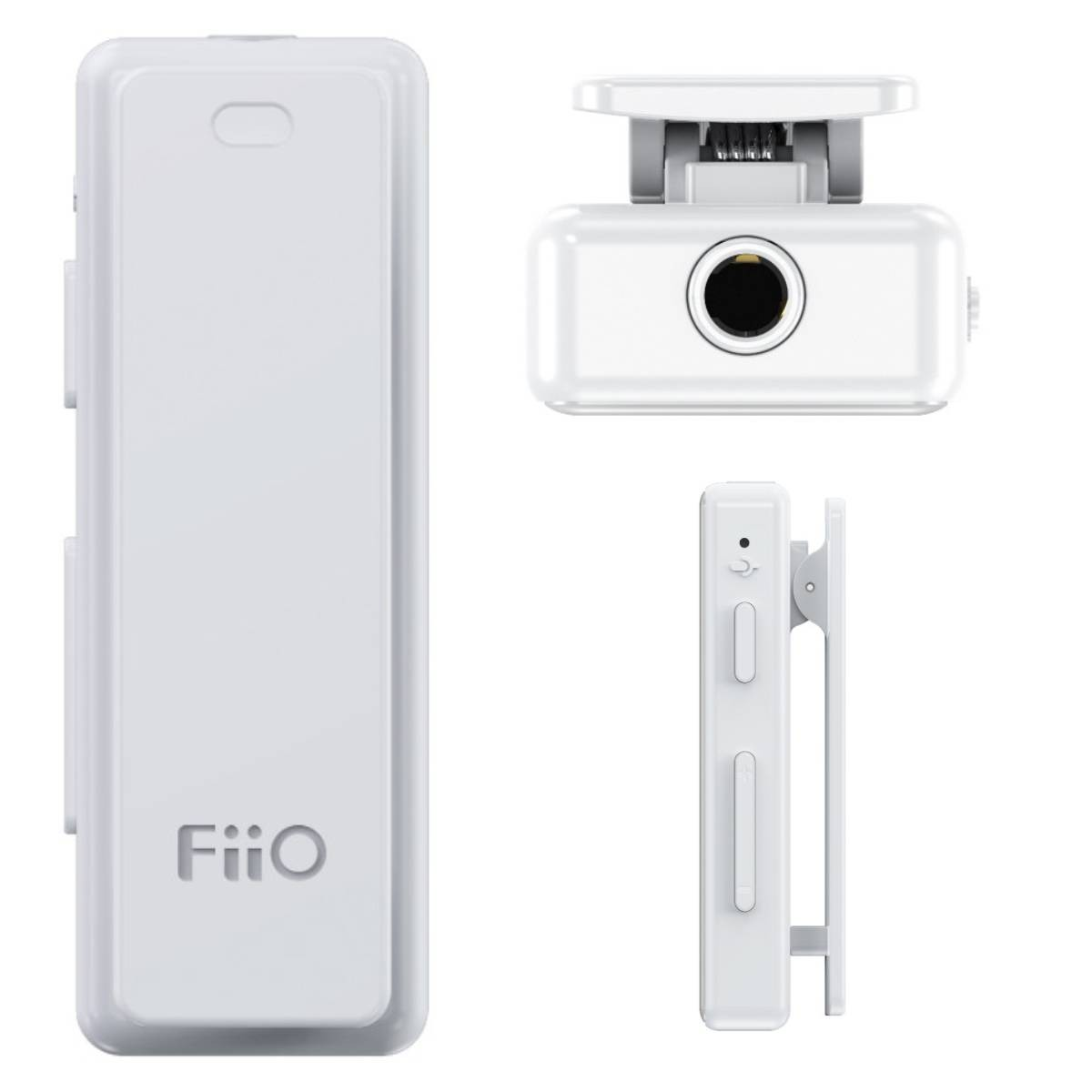 Tres vistas de un receptor Bluetooth FiiO blanco con pinza y conector de audio.