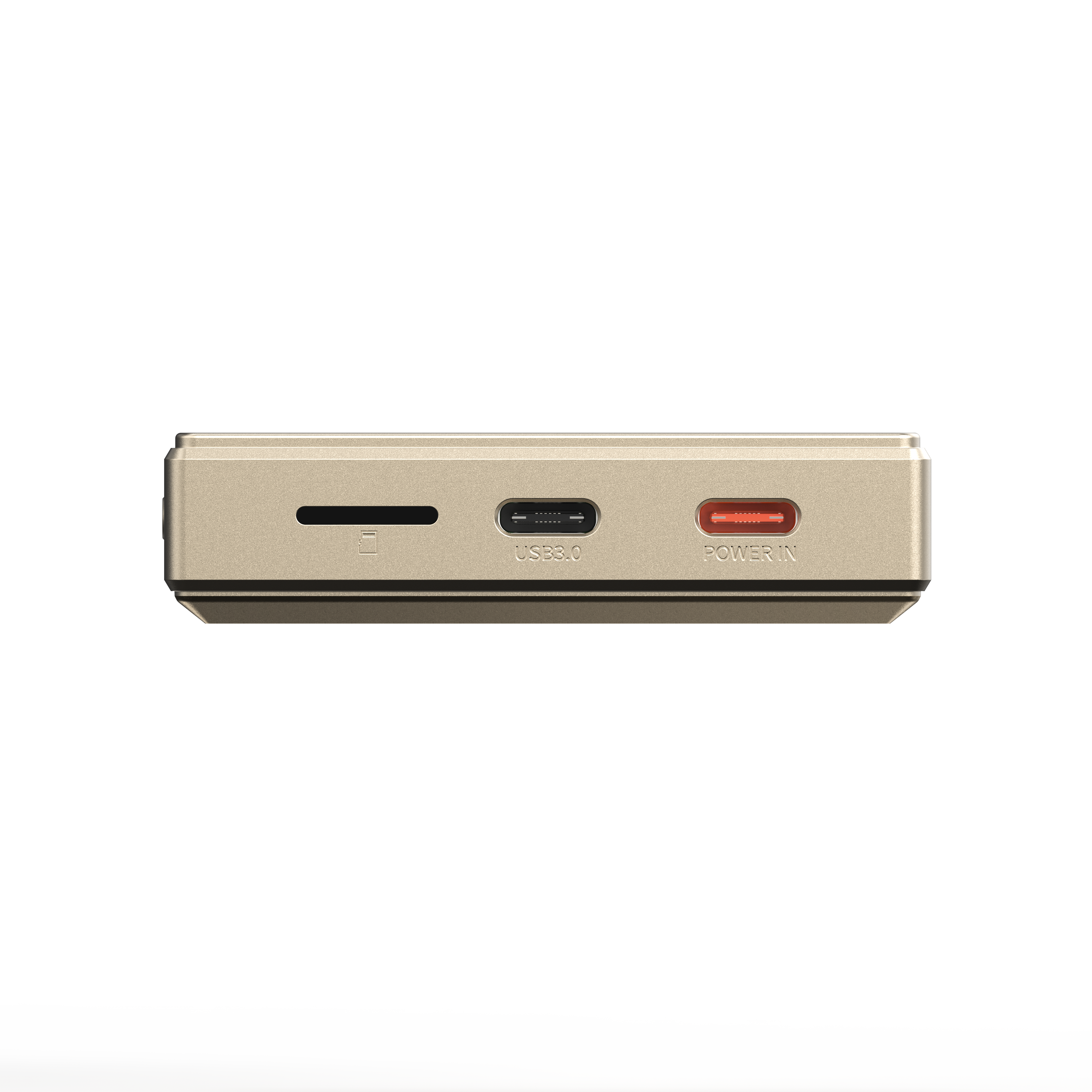 Lado de dispositivo electrónico dorado con ranura para tarjeta SD, puerto USB3.0 y puerto de alimentación rojo.