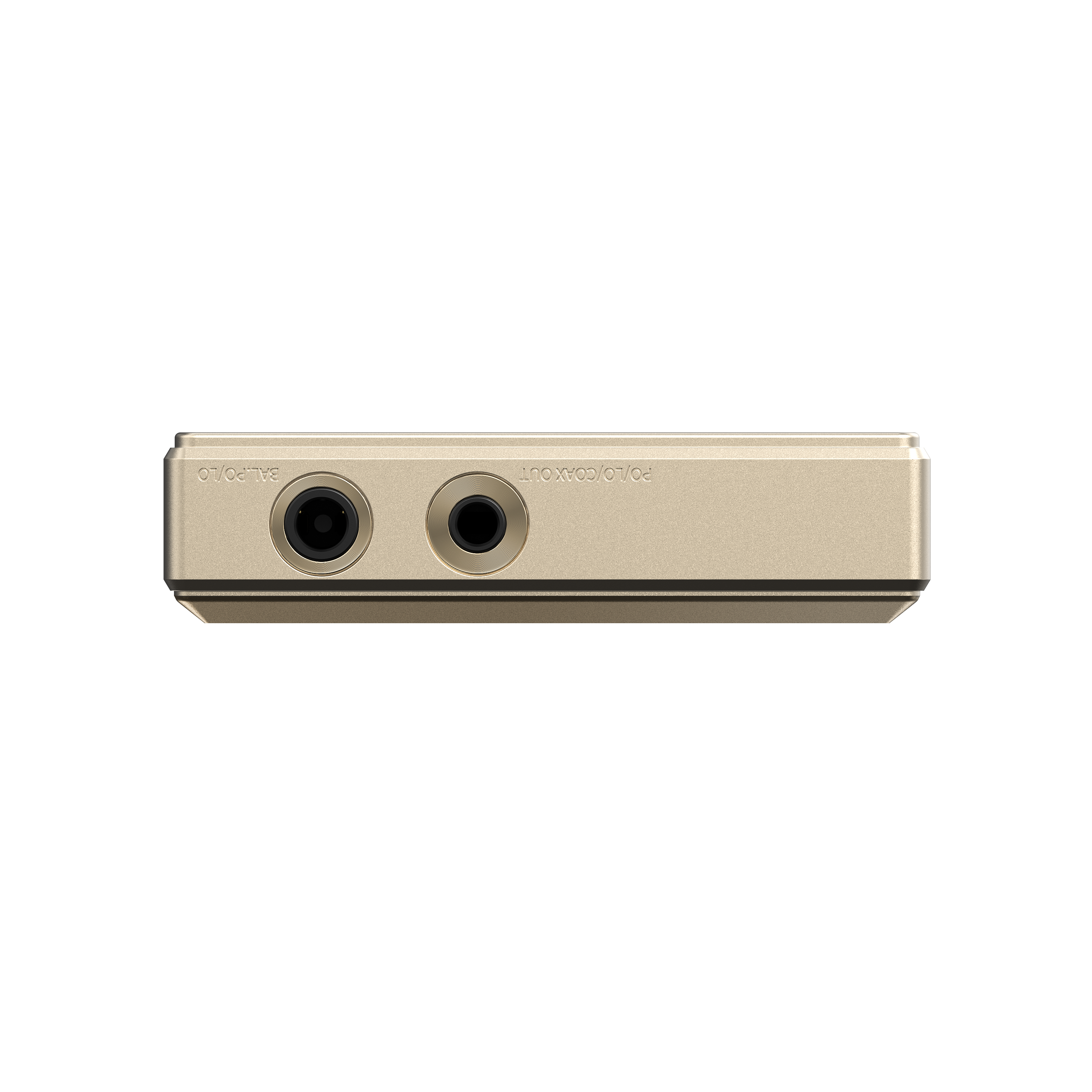 Un panel de dispositivo de audio dorado sobre un fondo negro con dos tomas de auriculares circulares y etiquetas.