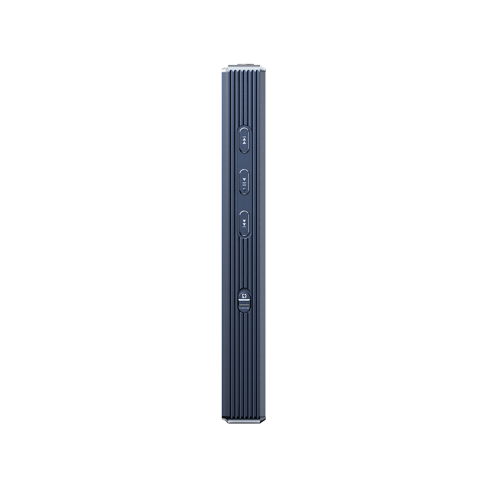 Vista lateral de un dispositivo electrónico azul oscuro y acanalado con cuatro botones de control.