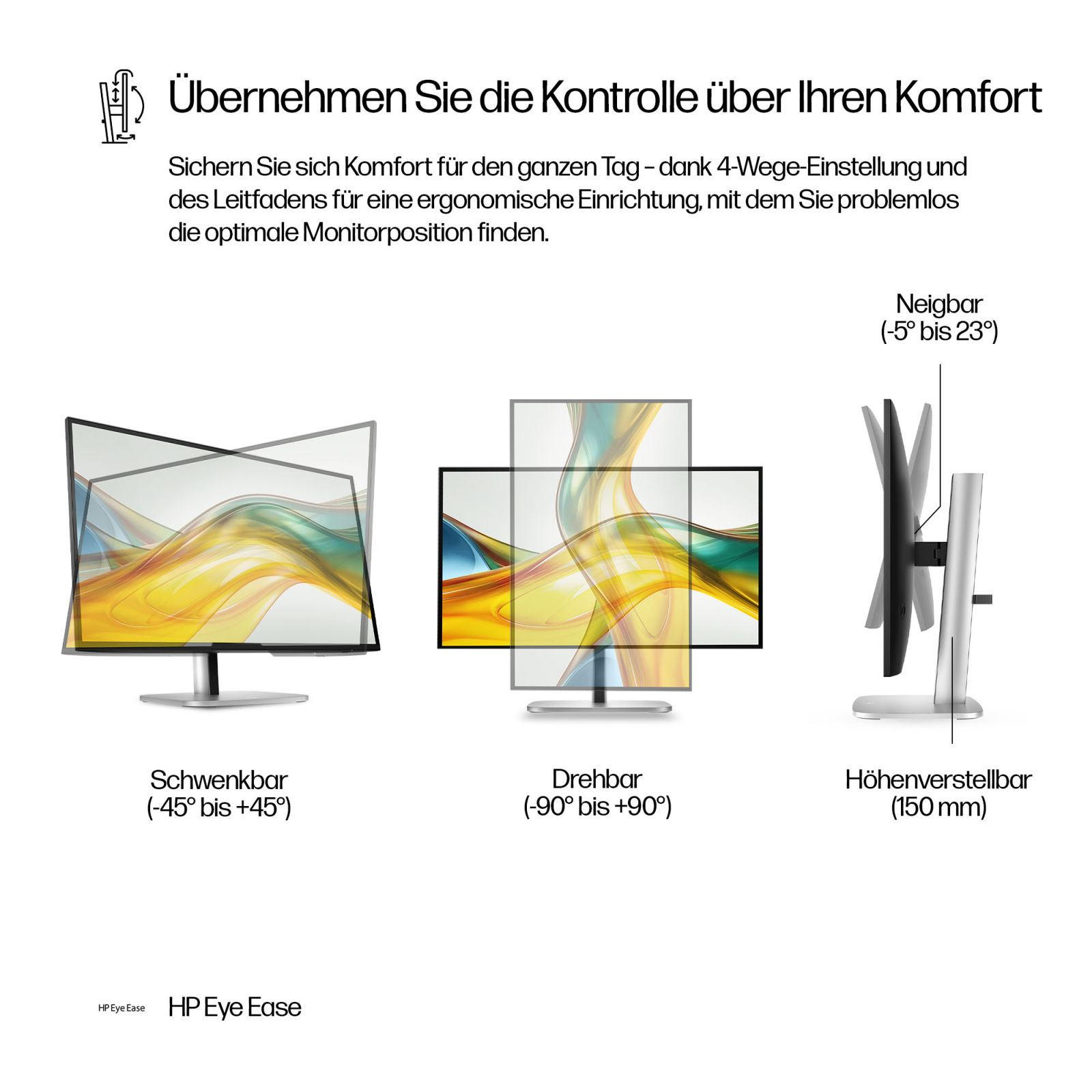 Diagramma che mostra le caratteristiche ergonomiche del monitor: rotazione, inclinazione e regolazione dell'altezza.