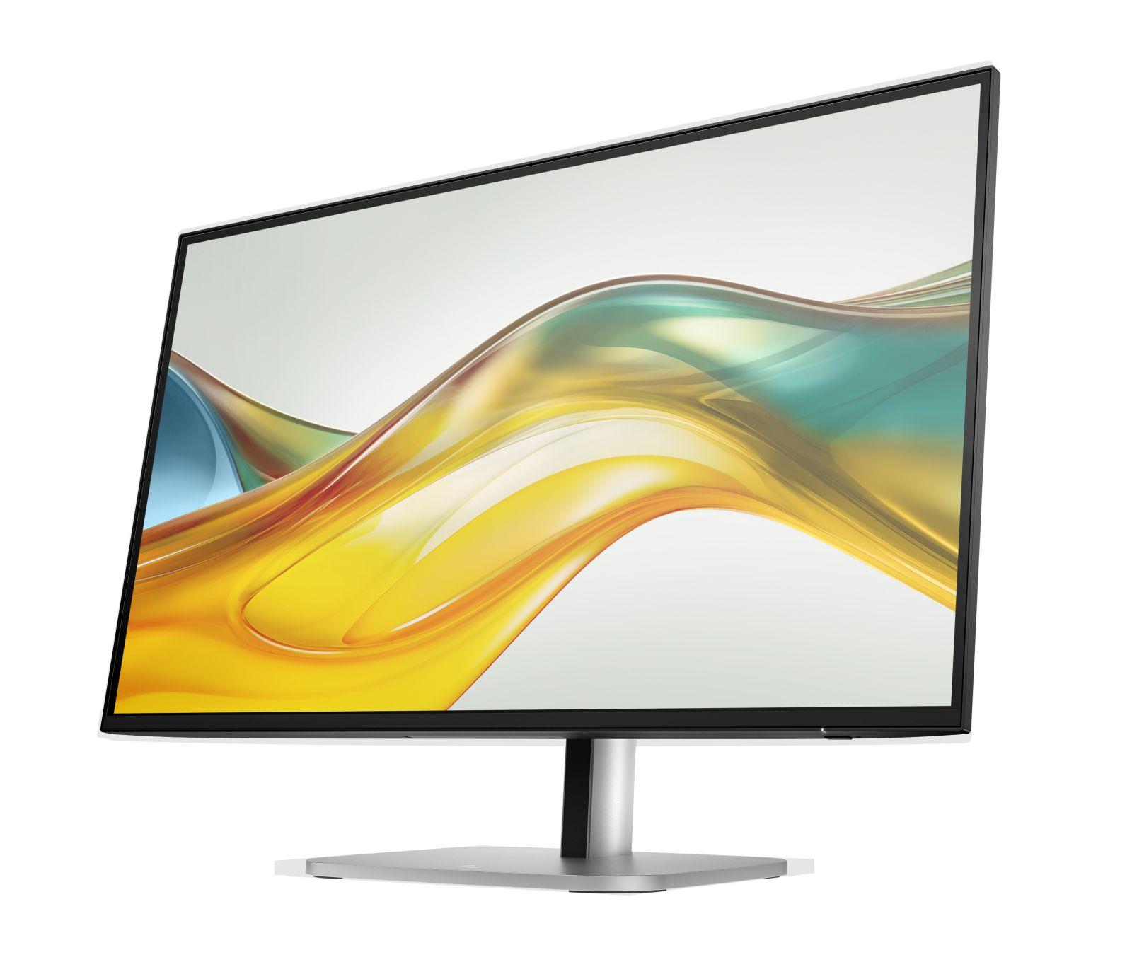 Un monitor di computer moderno su supporto argentato mostra uno sfondo astratto e ondulato con toni gialli, blu e verdi.