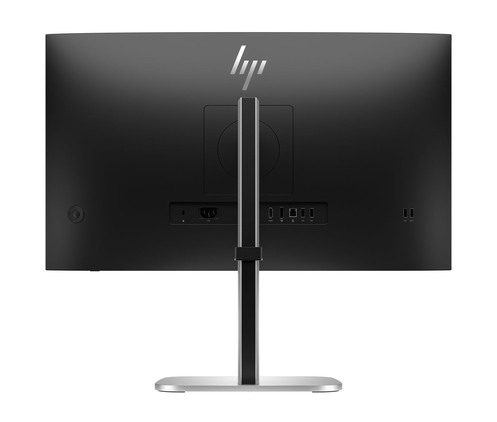 Vista posteriore di un monitor HP nero con supporto argento, porte e logo HP.