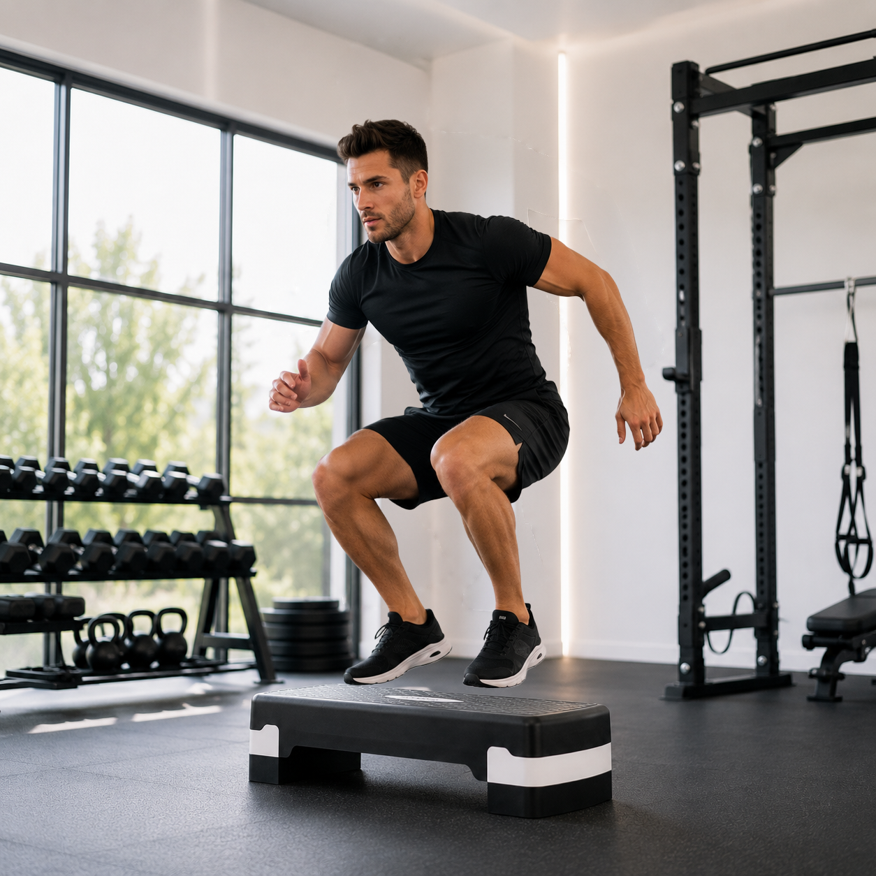 Un hombre en forma salta sobre un escalón aeróbico en un gimnasio iluminado.