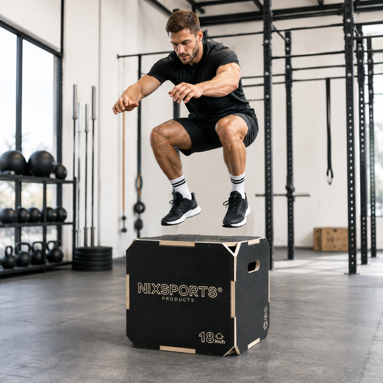 Un hombre con ropa deportiva negra salta sobre una caja pliométrica en un gimnasio.