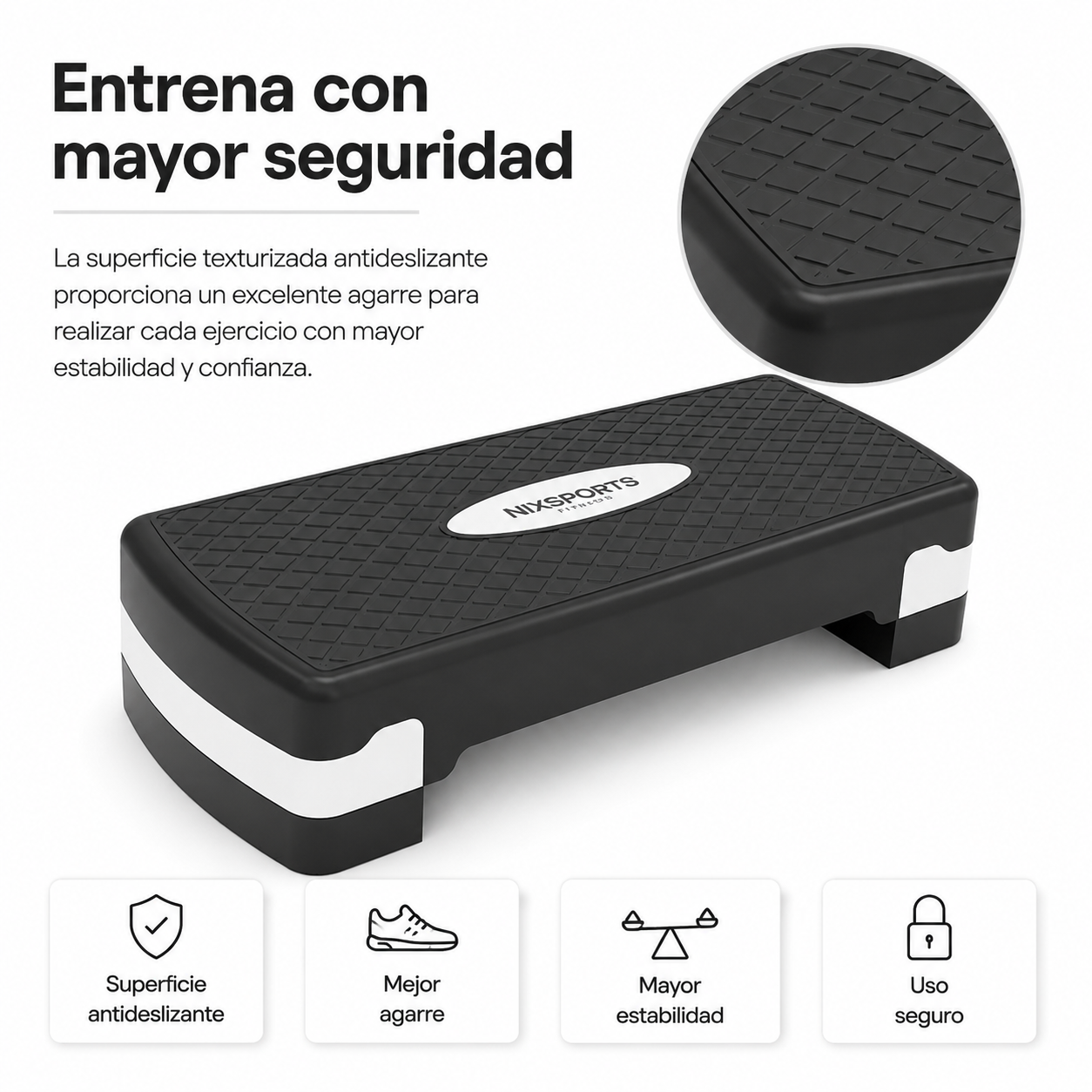 Un escalón de fitness negro con superficie texturizada, borde blanco, detalle ampliado y cuatro iconos abajo.