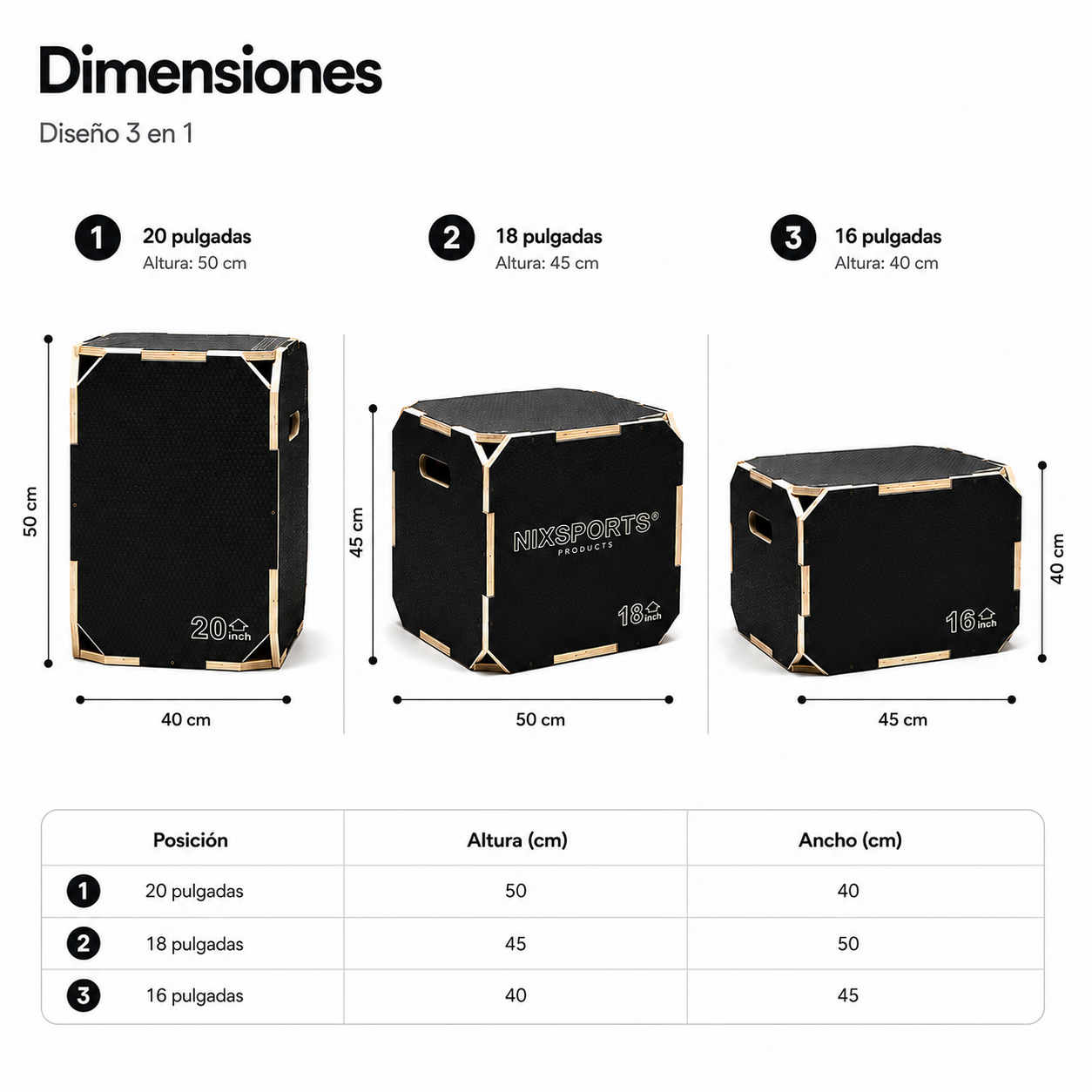 Tres cajas de madera negra de diferentes alturas con dimensiones para un diseño 3 en 1.