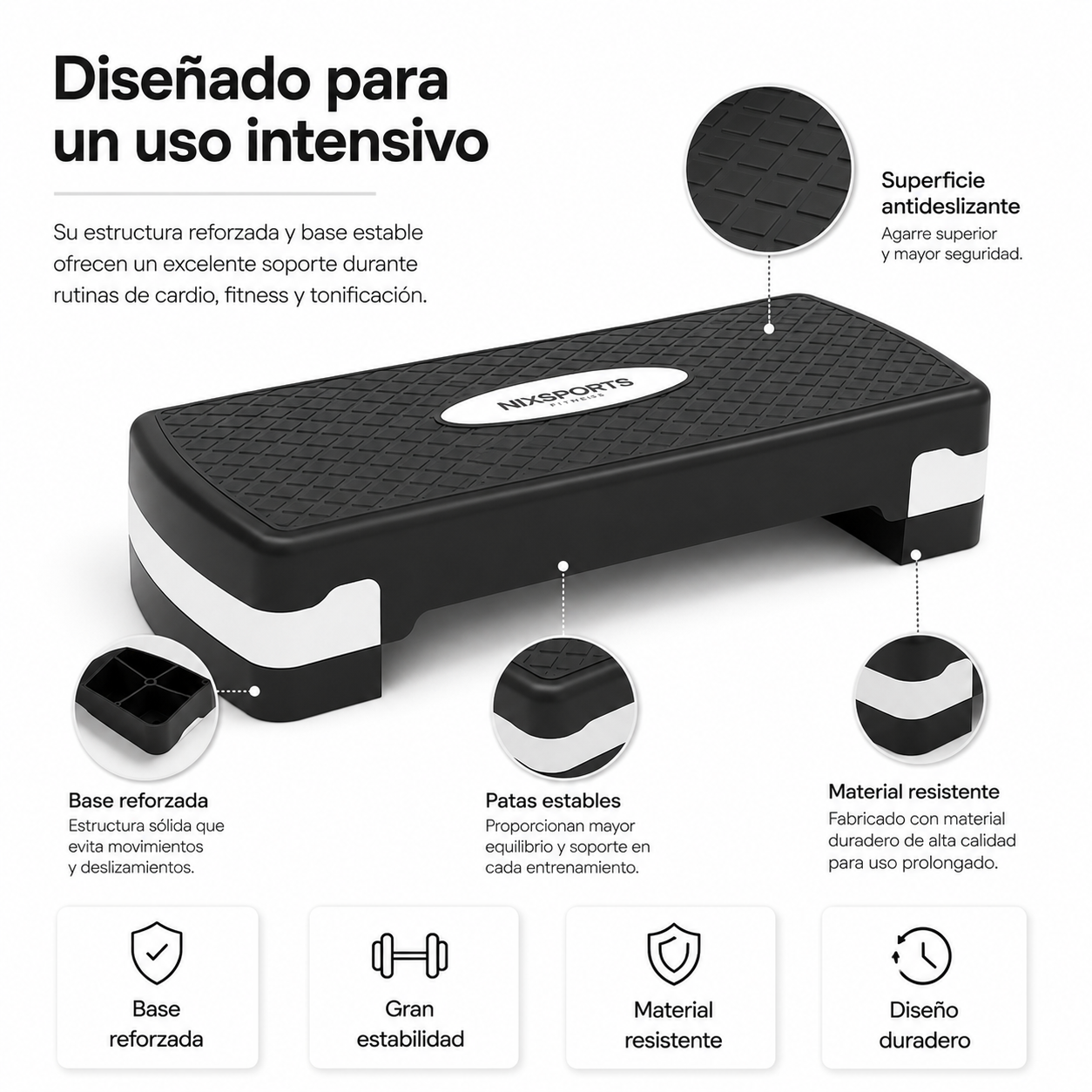 Una plataforma de step de fitness negra y blanca con características destacadas como superficie antideslizante y base estable.
