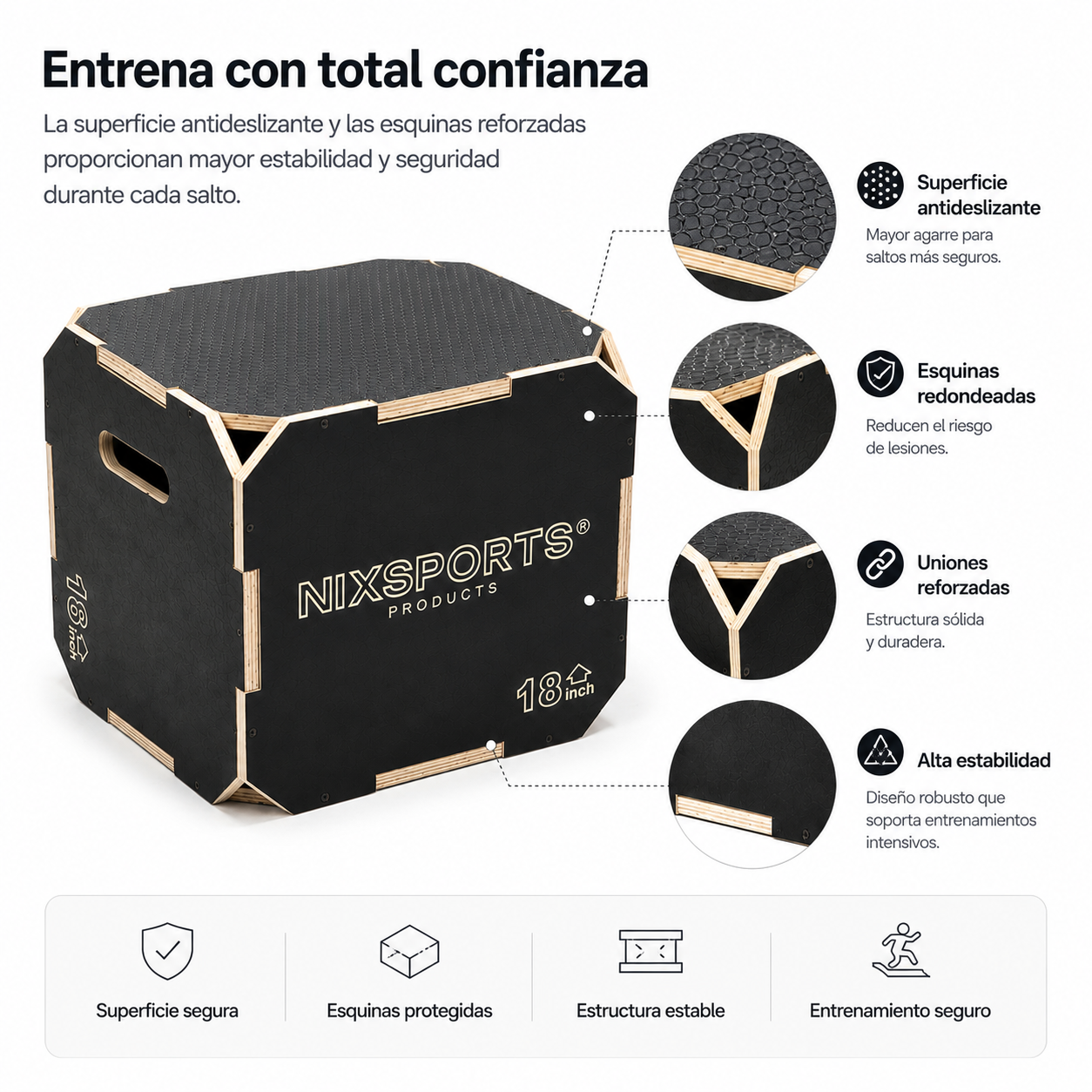 Caja pliométrica de madera negra con superficie antideslizante, esquinas redondeadas y texto descriptivo.
