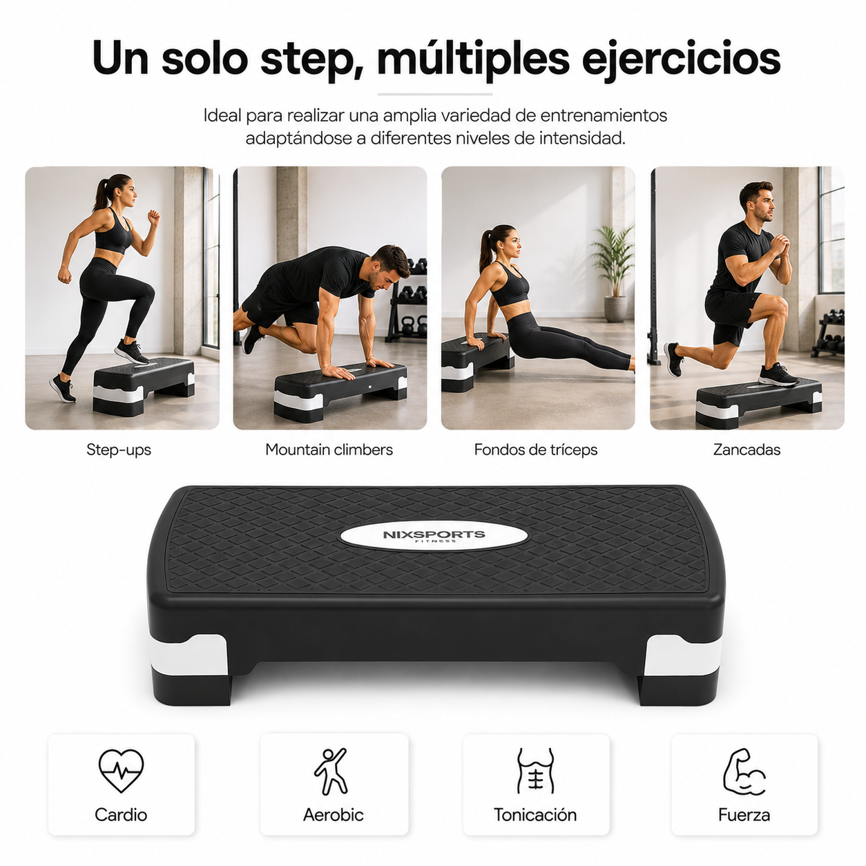 Se muestra un step de fitness con cuatro fotos de personas haciendo ejercicio y los iconos de cardio, aeróbic, tonificación y fuerza.