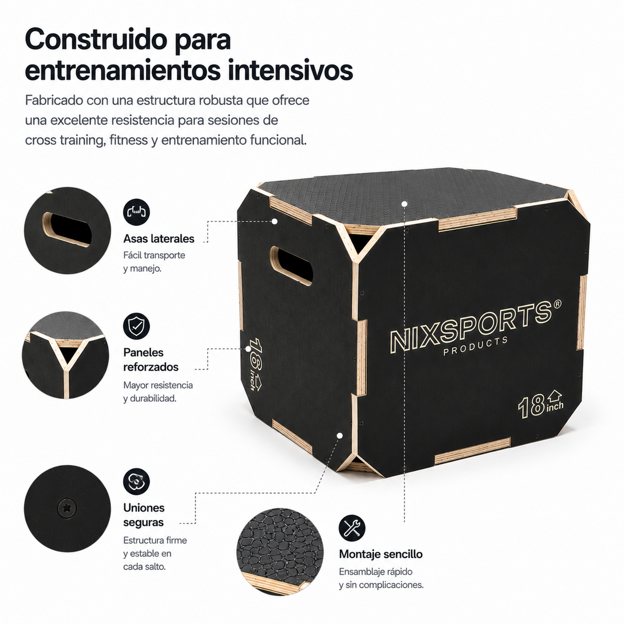 Caja pliométrica negra Nixsports con flechas señalando asas, paneles reforzados y uniones seguras sobre fondo blanco.