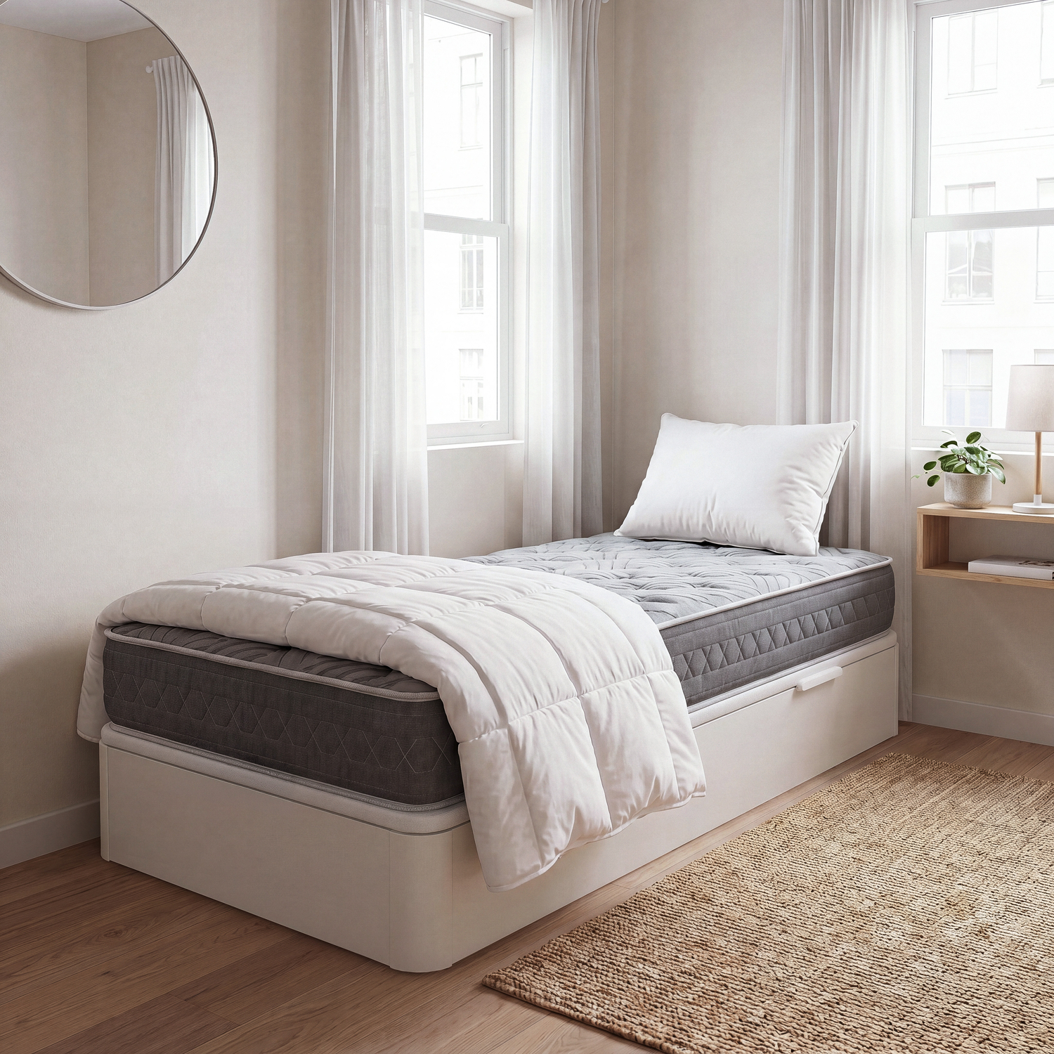 Una cama individual con colchón gris, edredón blanco y almohada en una habitación luminosa con espejo redondo y alfombra.