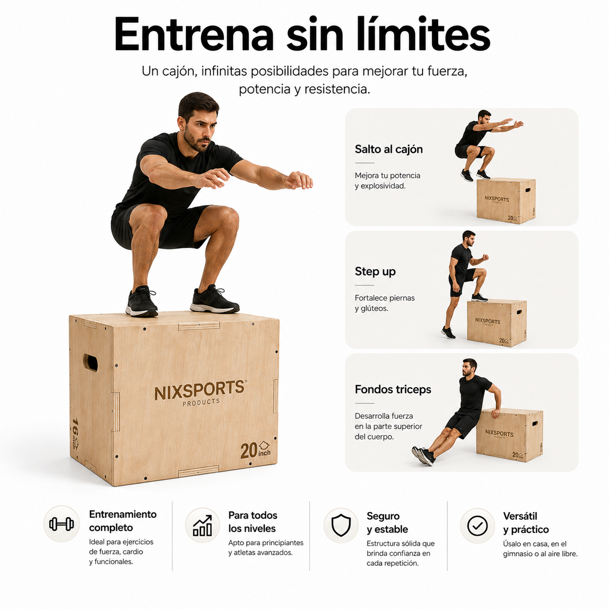 Un hombre demuestra ejercicios en una caja de fitness de madera con la marca NIXSPORTS.