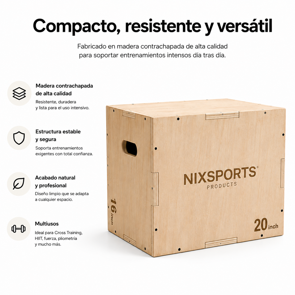 Caja pliométrica de madera para gimnasio con el logotipo de NIXSPORTS sobre fondo blanco y texto descriptivo.