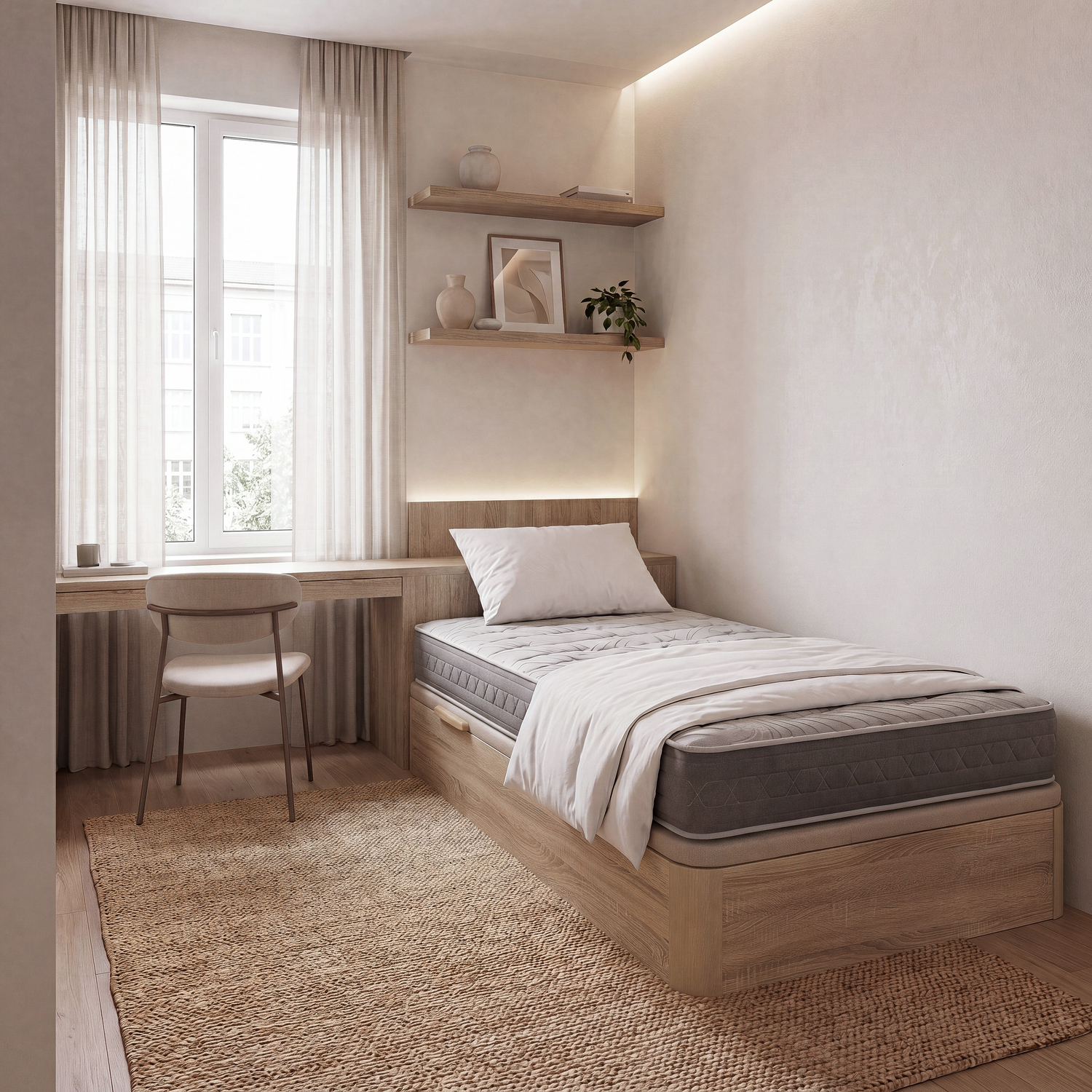Un dormitorio acogedor con cama individual, estantes de madera, escritorio, silla y ventana con cortinas.