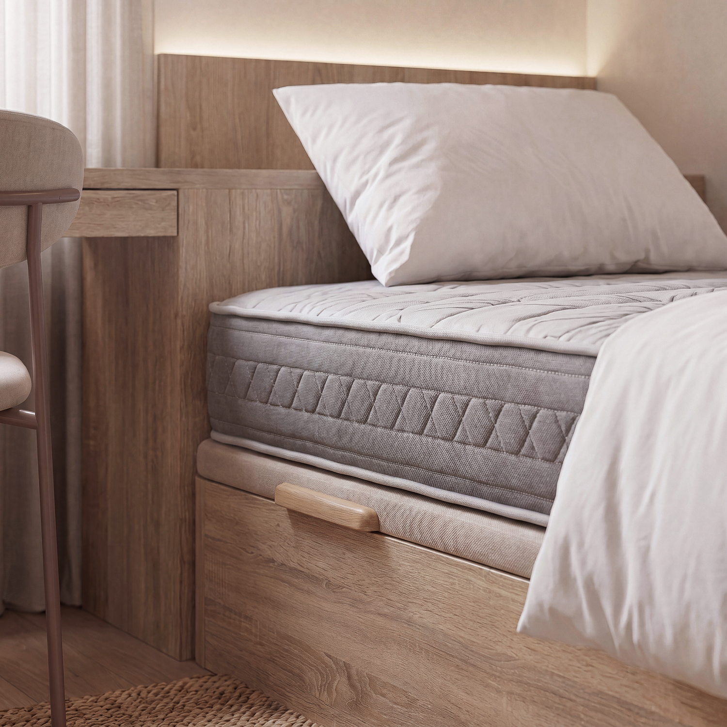 Una cama acogedora con marco de madera, colchón gris, almohada blanca y edredón en una habitación luminosa.