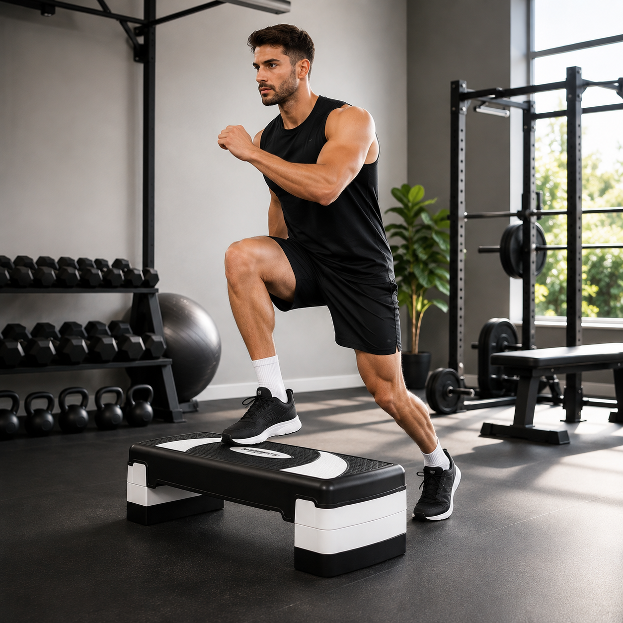 Un hombre con ropa deportiva negra hace step aeróbic en un gimnasio.