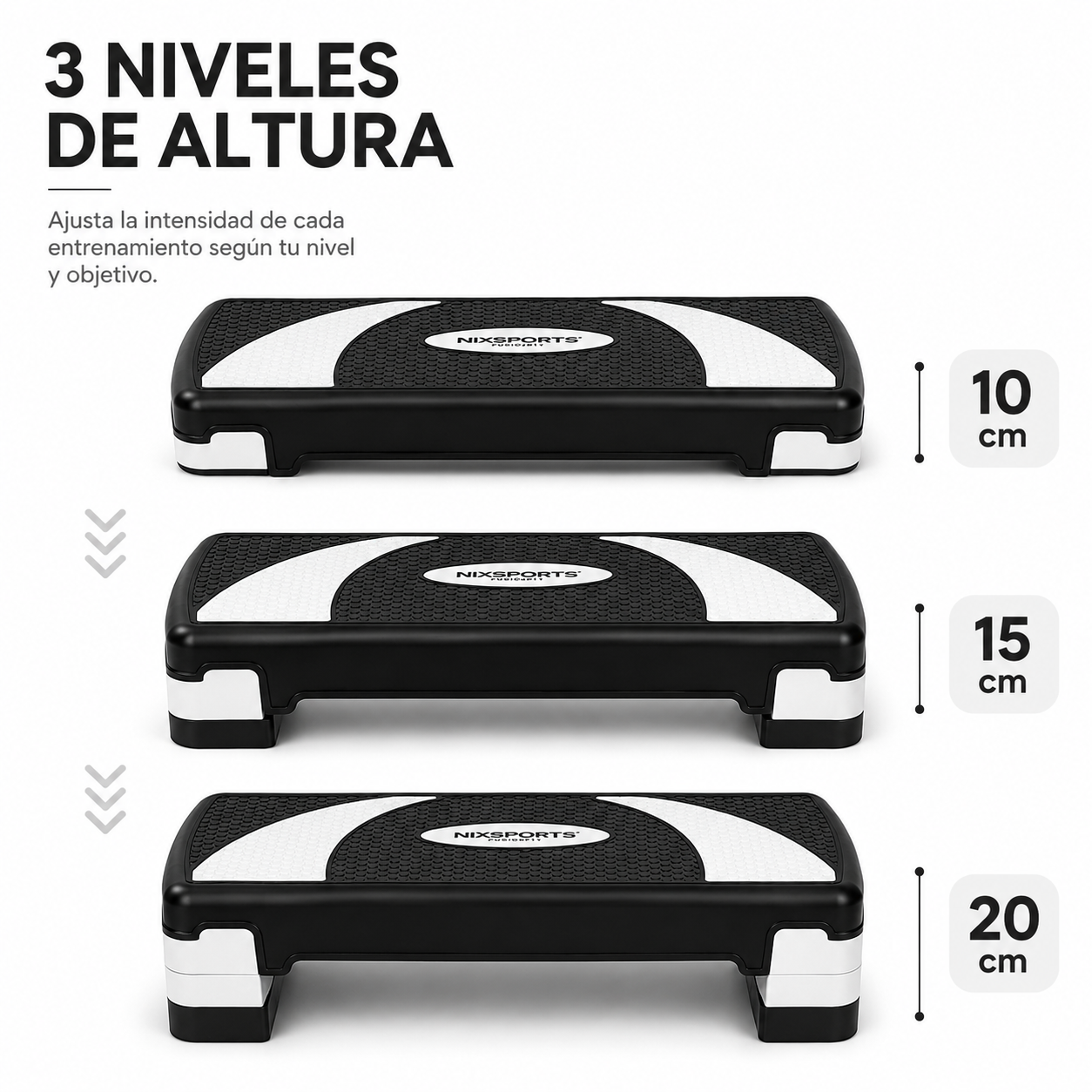 Tres plataformas de step negras y blancas muestran niveles de altura de 10, 15 y 20 cm.