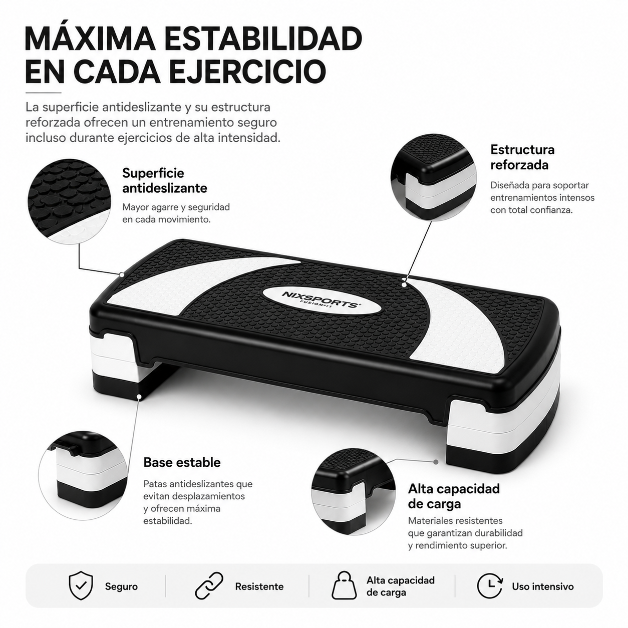 Un step de fitness negro y blanco con superficie antideslizante, estructura reforzada y cuatro detalles.