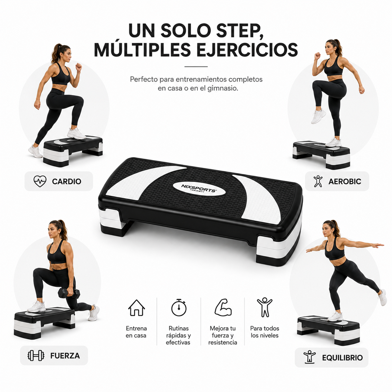 Step de fitness para cardio, aeróbic, fuerza y equilibrio, con una mujer haciendo varios ejercicios.