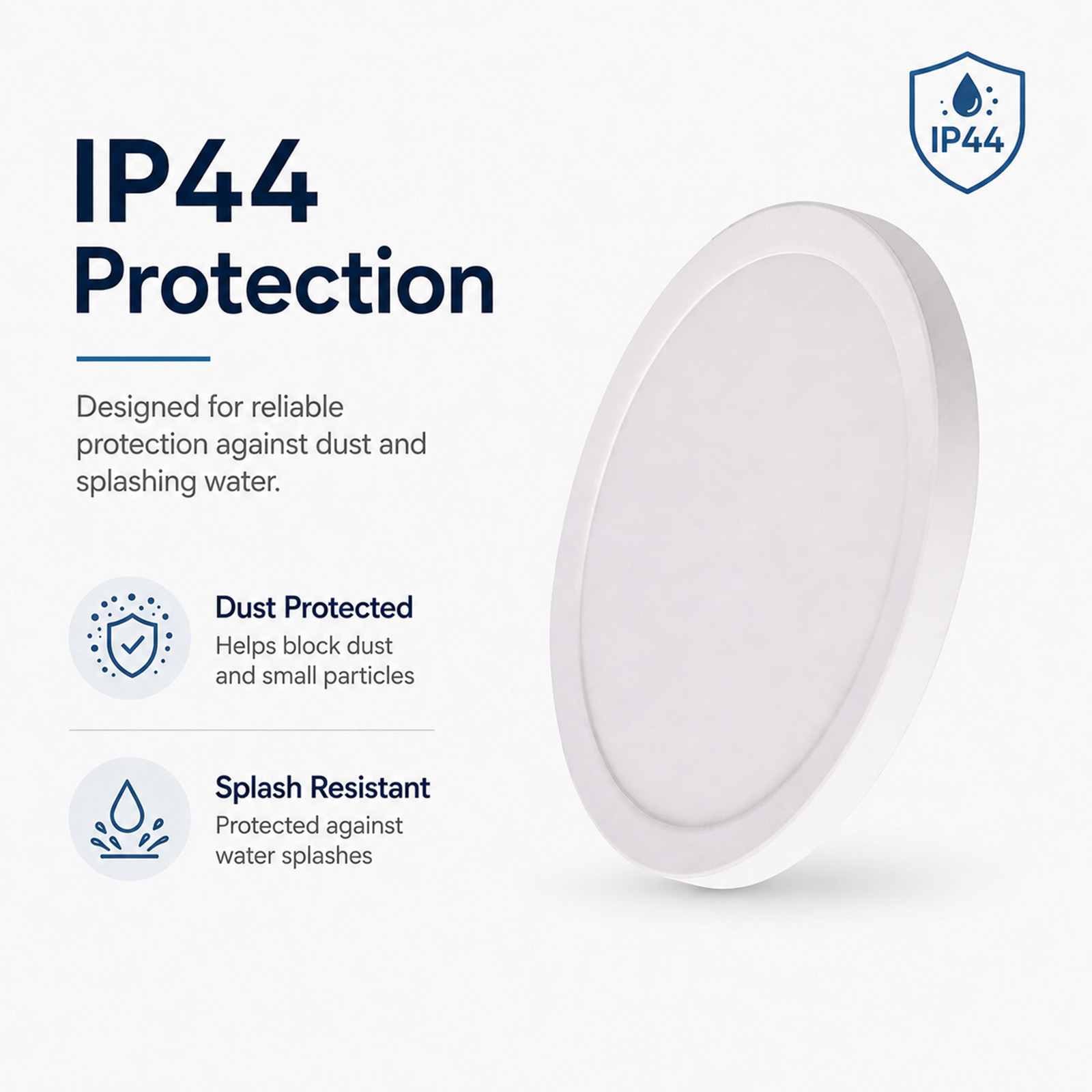 Infografía que muestra protección IP44 con panel LED redondo blanco, resistente al polvo y salpicaduras.