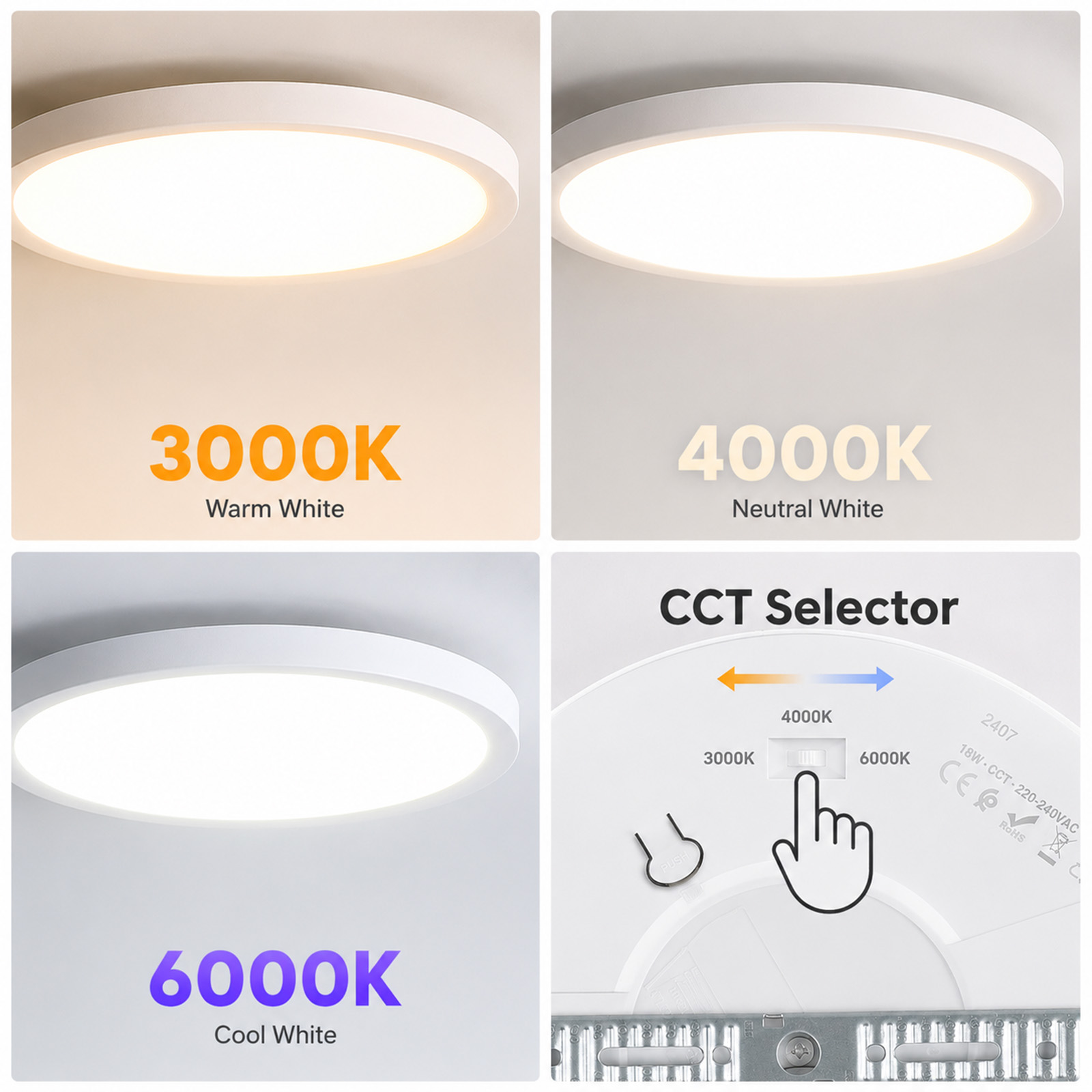 Cuatro imágenes muestran una luz de techo LED redonda con temperaturas de color ajustables de 3000K, 4000K y 6000K.